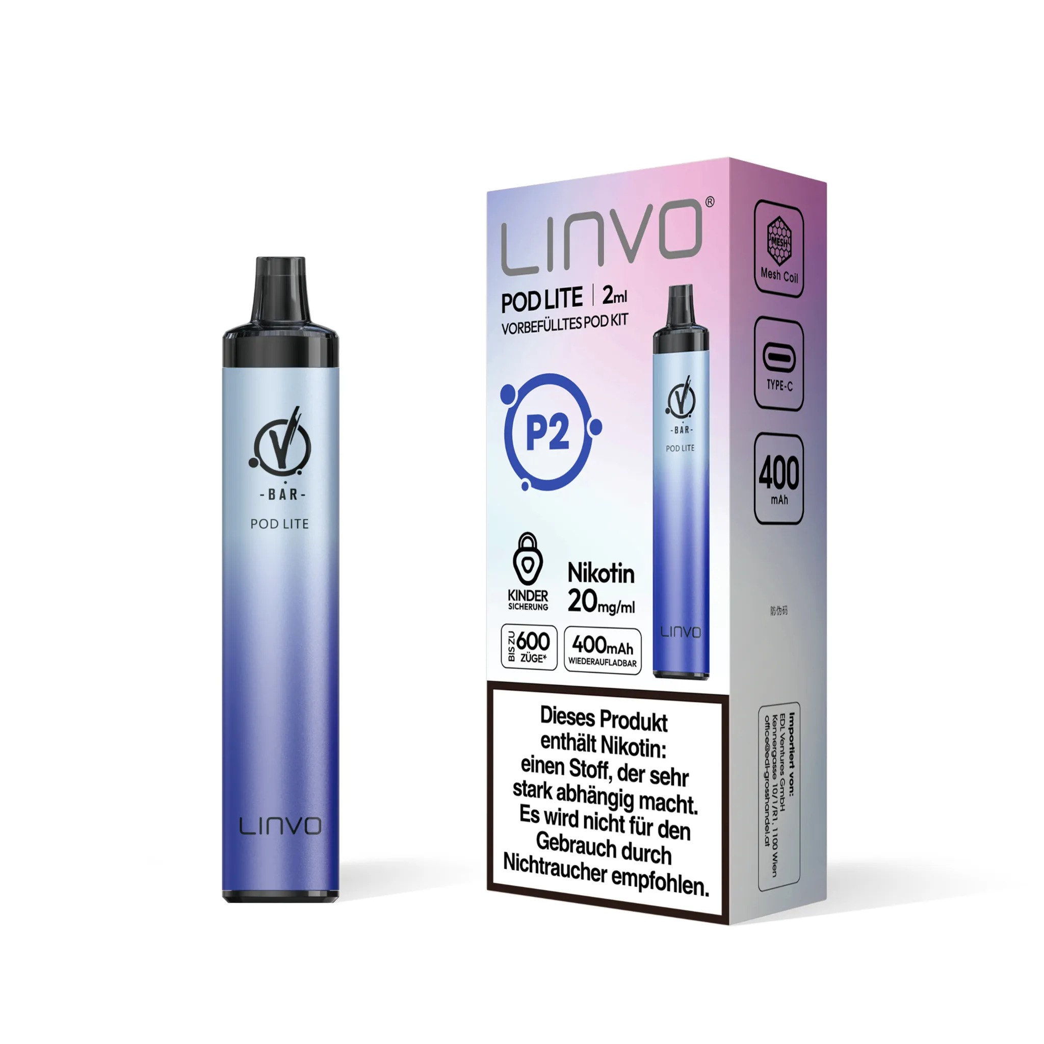 Einzelverpackung des LINVO PodLite Kits in metallisch-blau, enthält 1 Pod mit Blaubeere-Minze-Geschmack, 2 ml Füllmenge und etwa 600 Zügen sowie 1 Akkuträger mit 400mAh, Nikotinstärke 20 mg/ml.