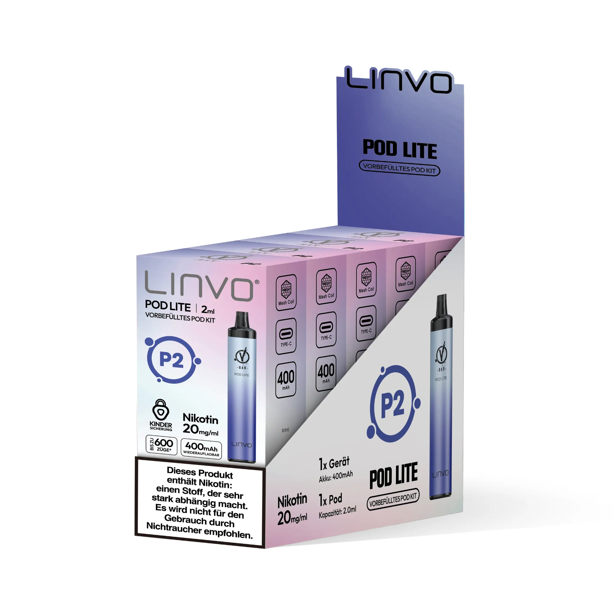 Gebinde des LINVO PodLite Kits in metallisch-blau, enthält 5 Einzelverpackungen. Jede Einzelverpackung enthält 1 Pod mit Blaubeere-Minze-Geschmack, 2 ml Füllmenge und etwa 600 Zügen sowie 1 Akkuträger mit 400mAh, Nikotinstärke 20 mg/ml.
