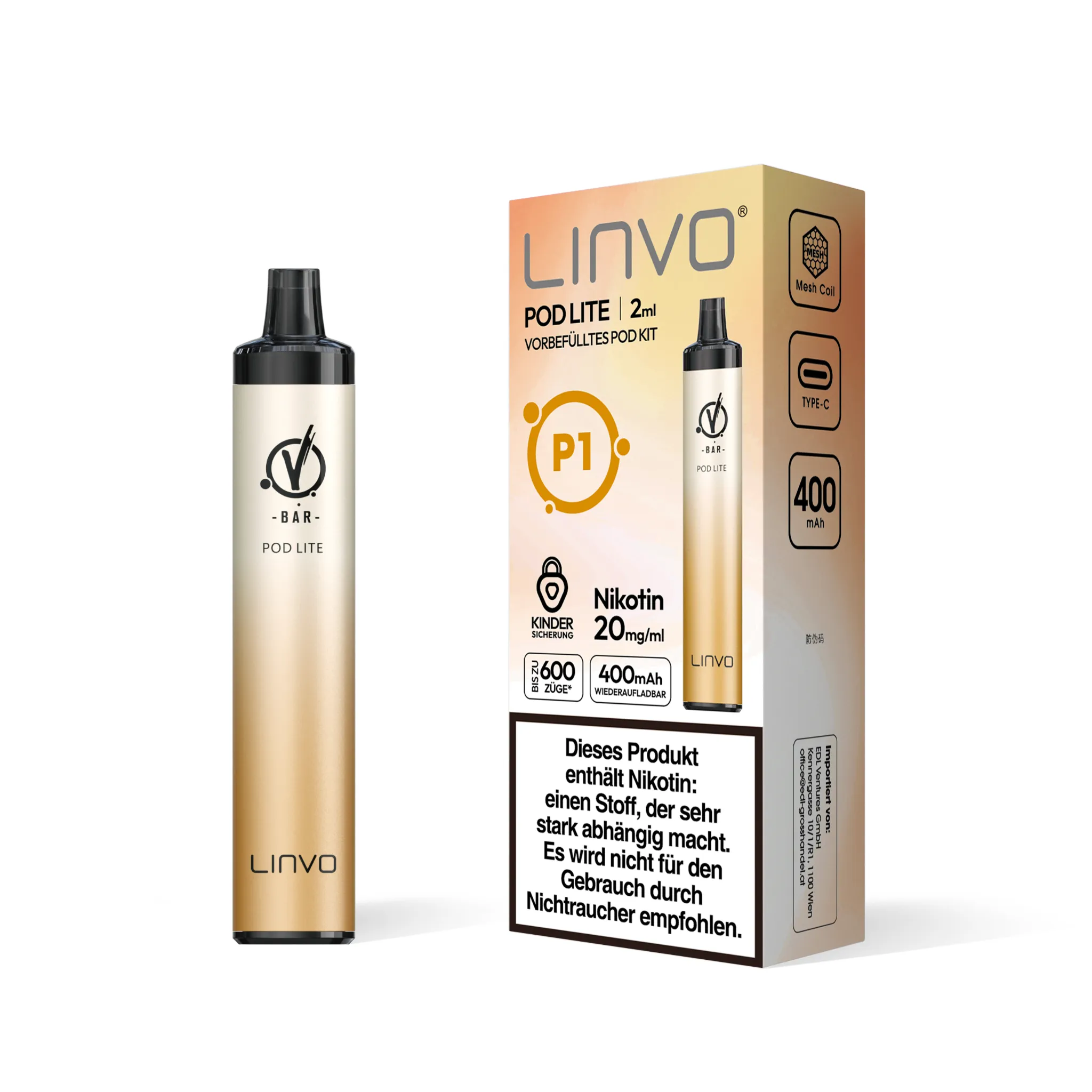 Einzelverpackung des LINVO PodLite Kits in metallisch-gold, enthält 1 Pod mit Pfirsich-Geschmack, 2 ml Füllmenge und etwa 600 Zügen sowie 1 Akkuträger mit 400mAh, Nikotinstärke 20 mg/ml.