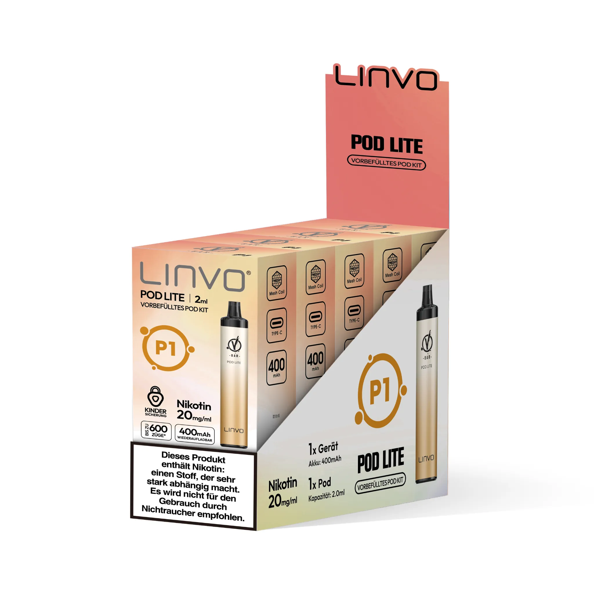 Gebinde des LINVO PodLite Kits in metallisch-gold, enthält 5 Einzelverpackungen. Jede Einzelverpackung enthält 1 Pod mit Pfirsich-Geschmack, 2 ml Füllmenge und etwa 600 Zügen sowie 1 Akkuträger mit 400mAh, Nikotinstärke 20 mg/ml.