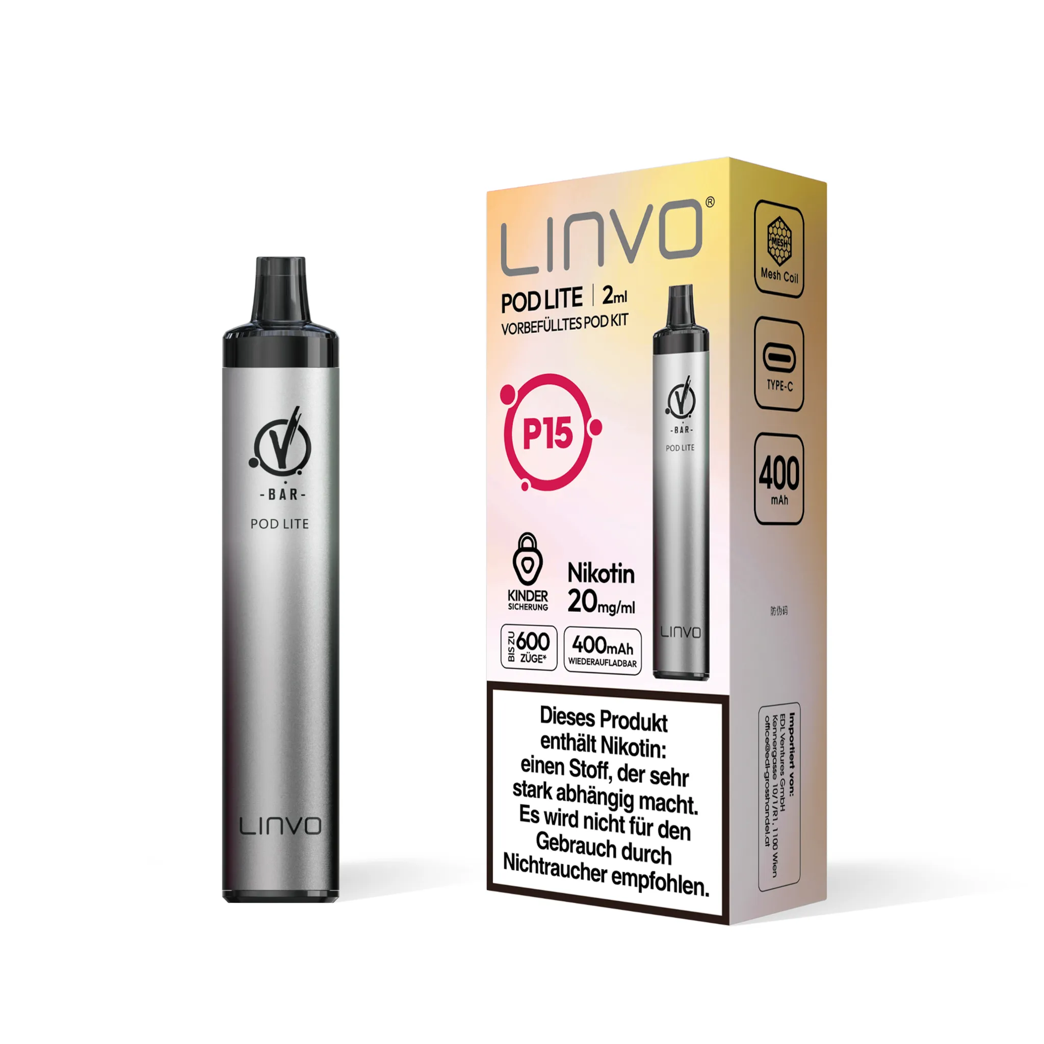 Einzelverpackung des LINVO PodLite Kits in metallisch-grau, enthält 1 Pod mit Kirsche-Cola-Geschmack, 2 ml Füllmenge und etwa 600 Zügen sowie 1 Akkuträger mit 400mAh, Nikotinstärke 20 mg/ml.