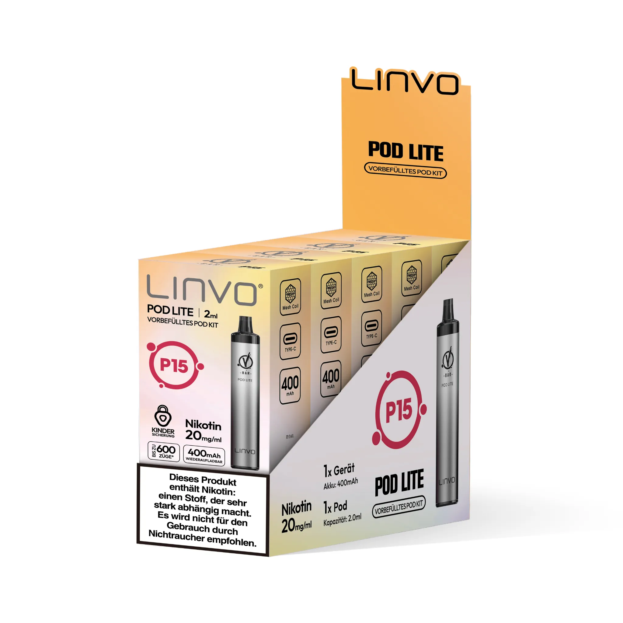 Gebinde des LINVO PodLite Kits in metallisch-grau, enthält 5 Einzelverpackungen. Jede Einzelverpackung enthält 1 Pod mit Kirsche-Cola-Geschmack, 2 ml Füllmenge und etwa 600 Zügen sowie 1 Akkuträger mit 400mAh, Nikotinstärke 20 mg/ml.