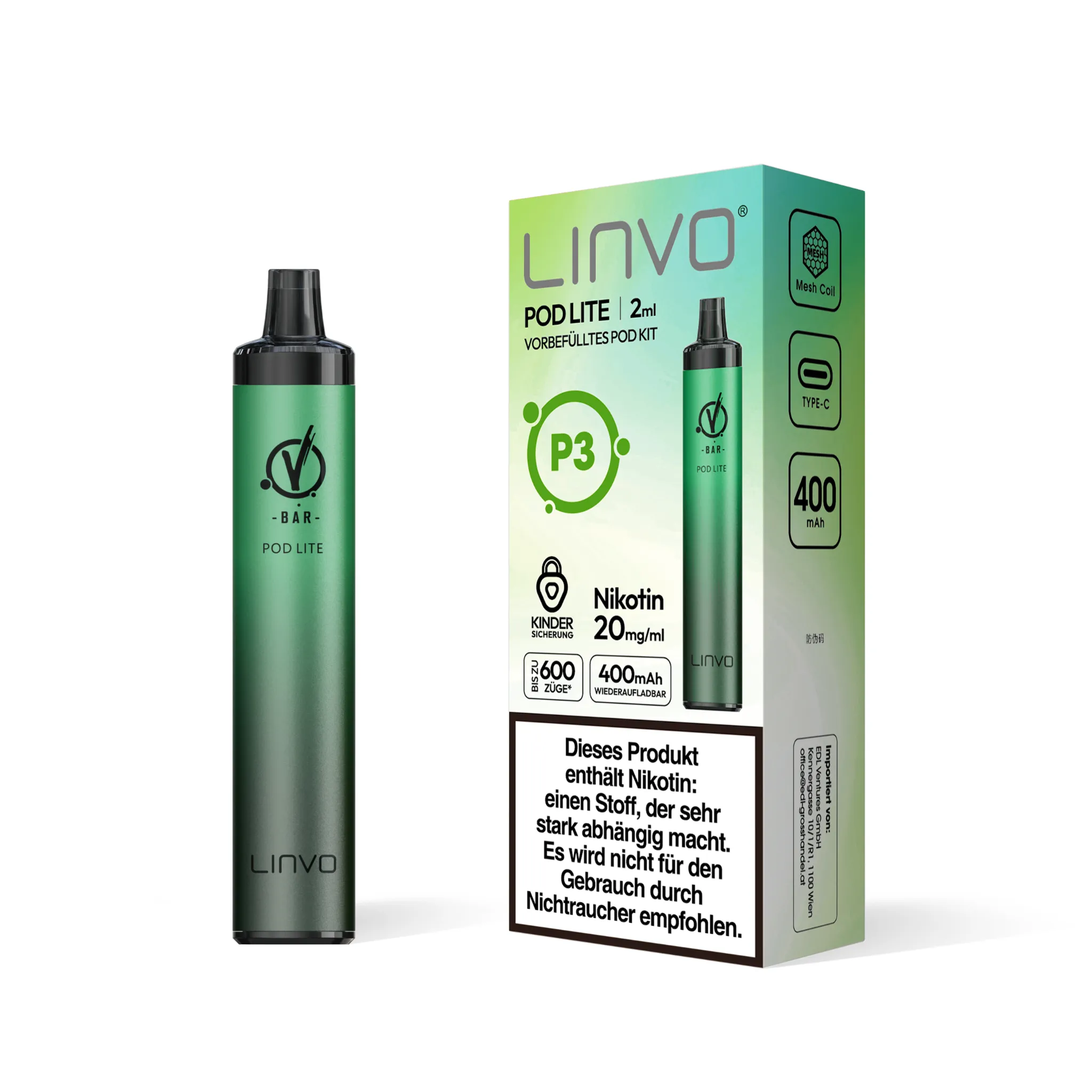 Einzelverpackung des LINVO PodLite Kits in metallisch-grün, enthält 1 Pod mit Kiwi-Limette-Passionsfrucht-Geschmack, 2 ml Füllmenge und etwa 600 Zügen sowie 1 Akkuträger mit 400mAh, Nikotinstärke 20 mg/ml.