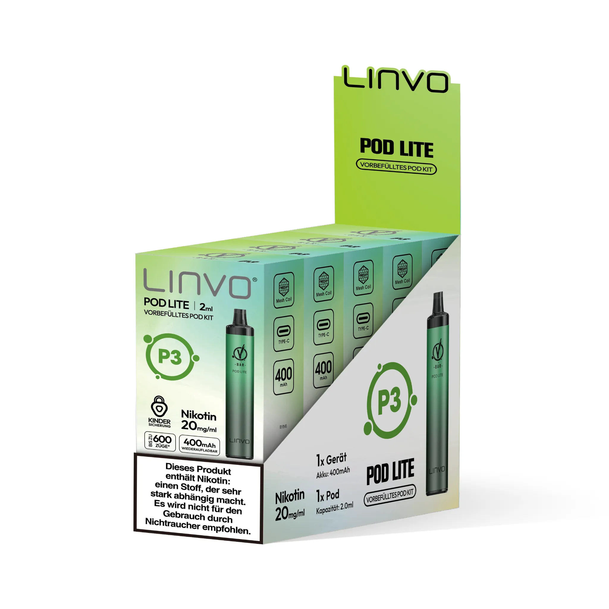 Gebinde des LINVO PodLite Kits in metallisch-grün, enthält 5 Einzelverpackungen. Jede Einzelverpackung enthält 1 Pod mit Kiwi-Limette-Passionsfrucht-Geschmack, 2 ml Füllmenge und etwa 600 Zügen sowie 1 Akkuträger mit 400mAh, Nikotinstärke 20 mg/ml.