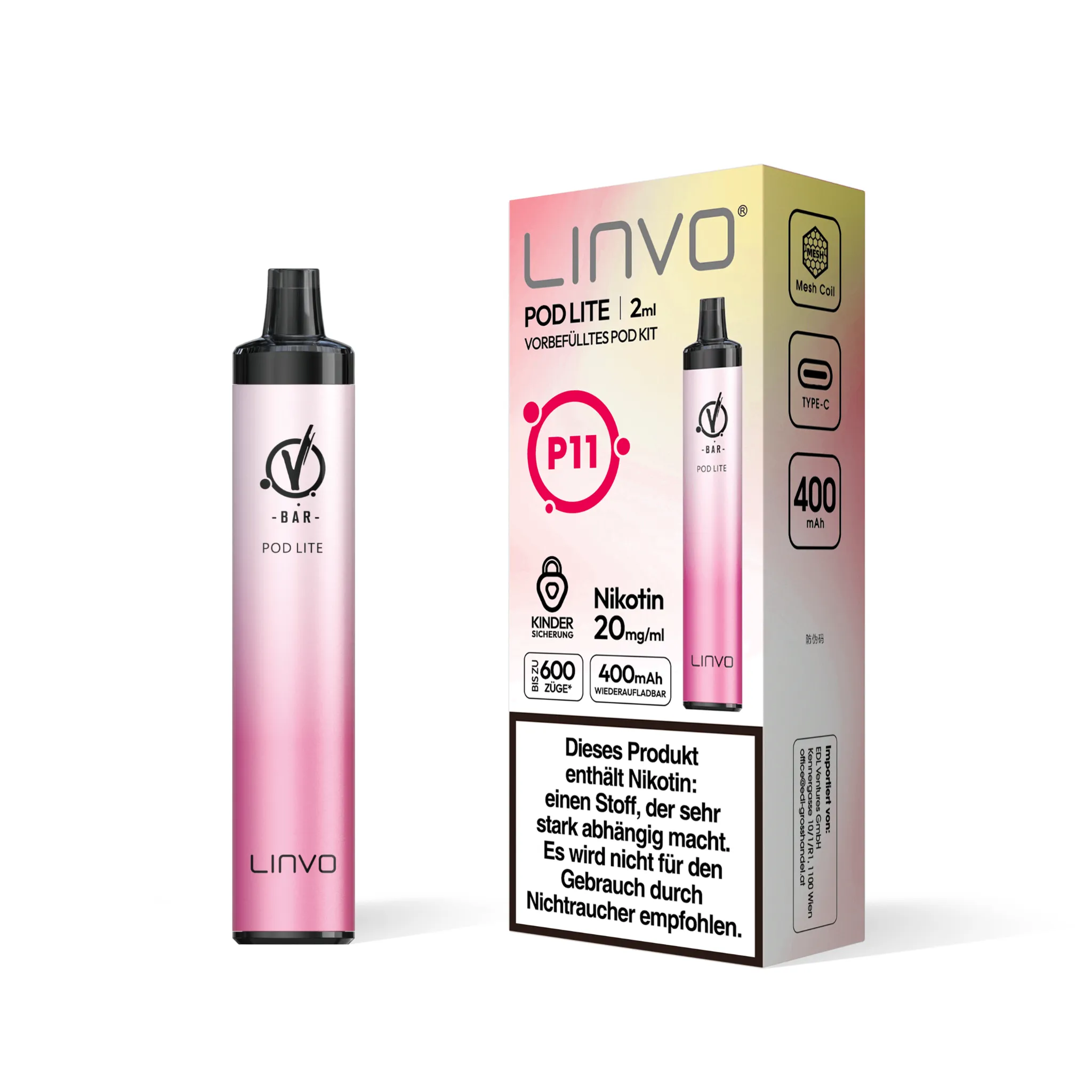 Einzelverpackung des LINVO PodLite Kits in metallisch-pink, enthält 1 Pod mit Erdbeer-Eiscreme-Geschmack, 2 ml Füllmenge und etwa 600 Zügen sowie 1 Akkuträger mit 400mAh, Nikotinstärke 20 mg/ml.