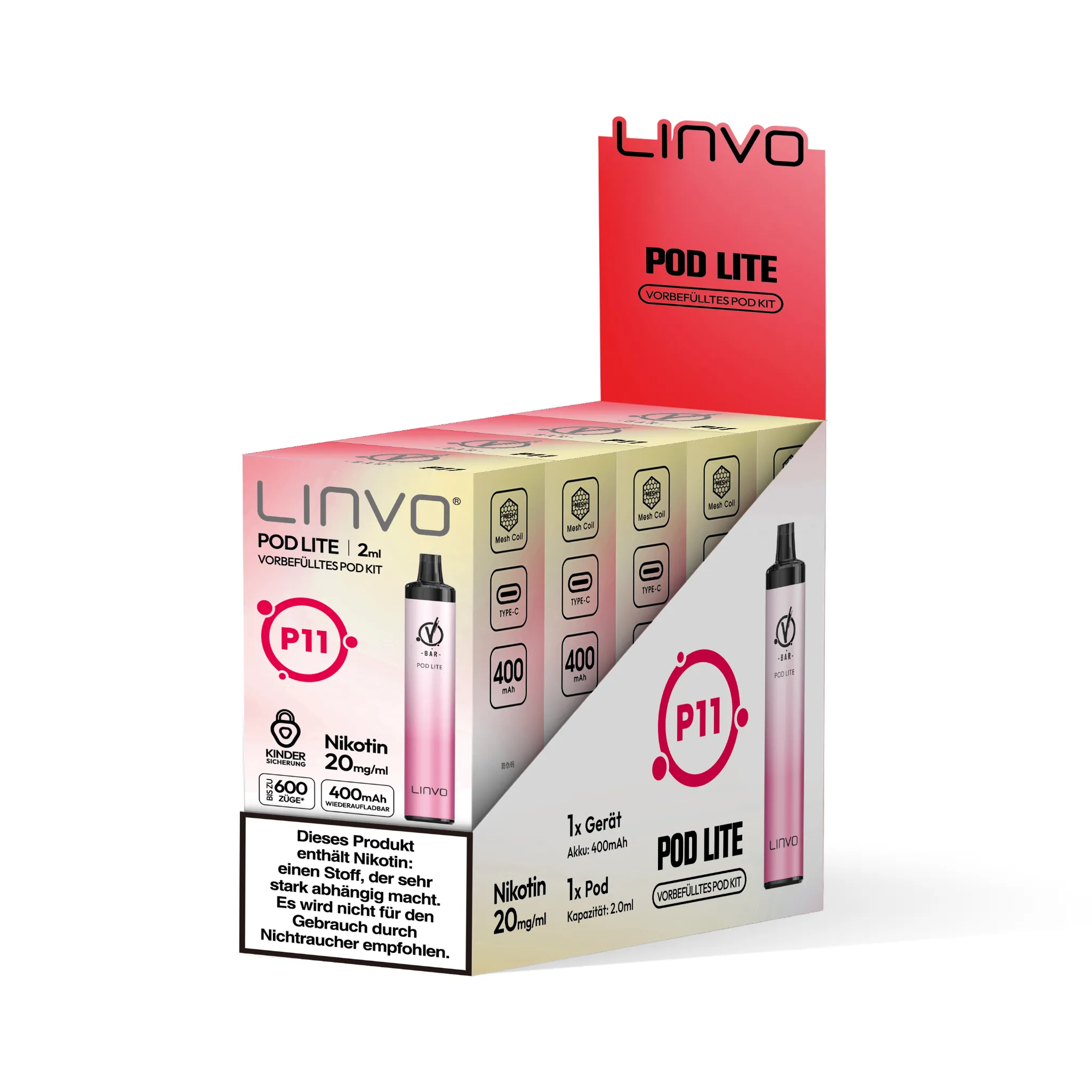 Gebinde des LINVO PodLite Kits in metallisch-pink, enthält 5 Einzelverpackungen. Jede Einzelverpackung enthält 1 Pod mit Erdbeer-Eiscreme-Geschmack, 2 ml Füllmenge und etwa 600 Zügen sowie 1 Akkuträger mit 400mAh, Nikotinstärke 20 mg/ml.