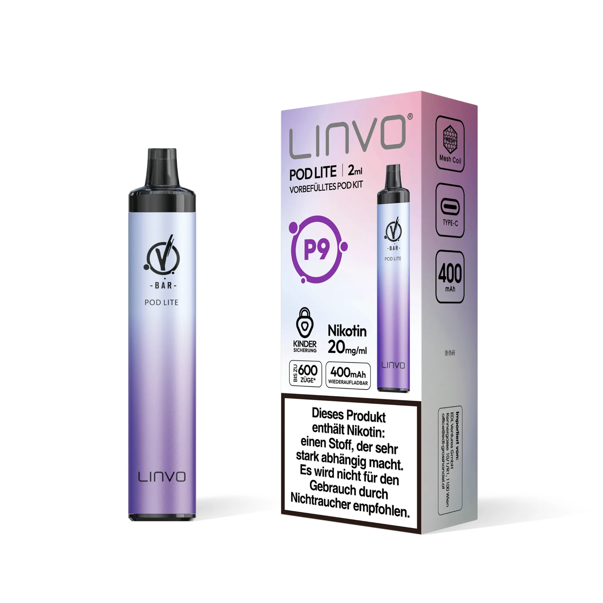 Einzelverpackung des LINVO PodLite Kits in metallisch-violett, enthält 1 Pod mit Traube-Geschmack, 2 ml Füllmenge und etwa 600 Zügen sowie 1 Akkuträger mit 400mAh, Nikotinstärke 20 mg/ml.