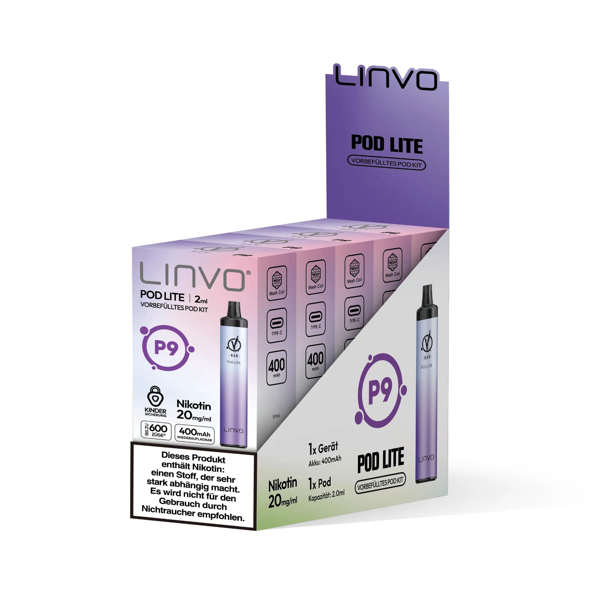 Gebinde des LINVO PodLite Kits in metallisch-violett, enthält 5 Einzelverpackungen. Jede Einzelverpackung enthält 1 Pod mit Traube-Geschmack, 2 ml Füllmenge und etwa 600 Zügen sowie 1 Akkuträger mit 400mAh, Nikotinstärke 20 mg/ml.