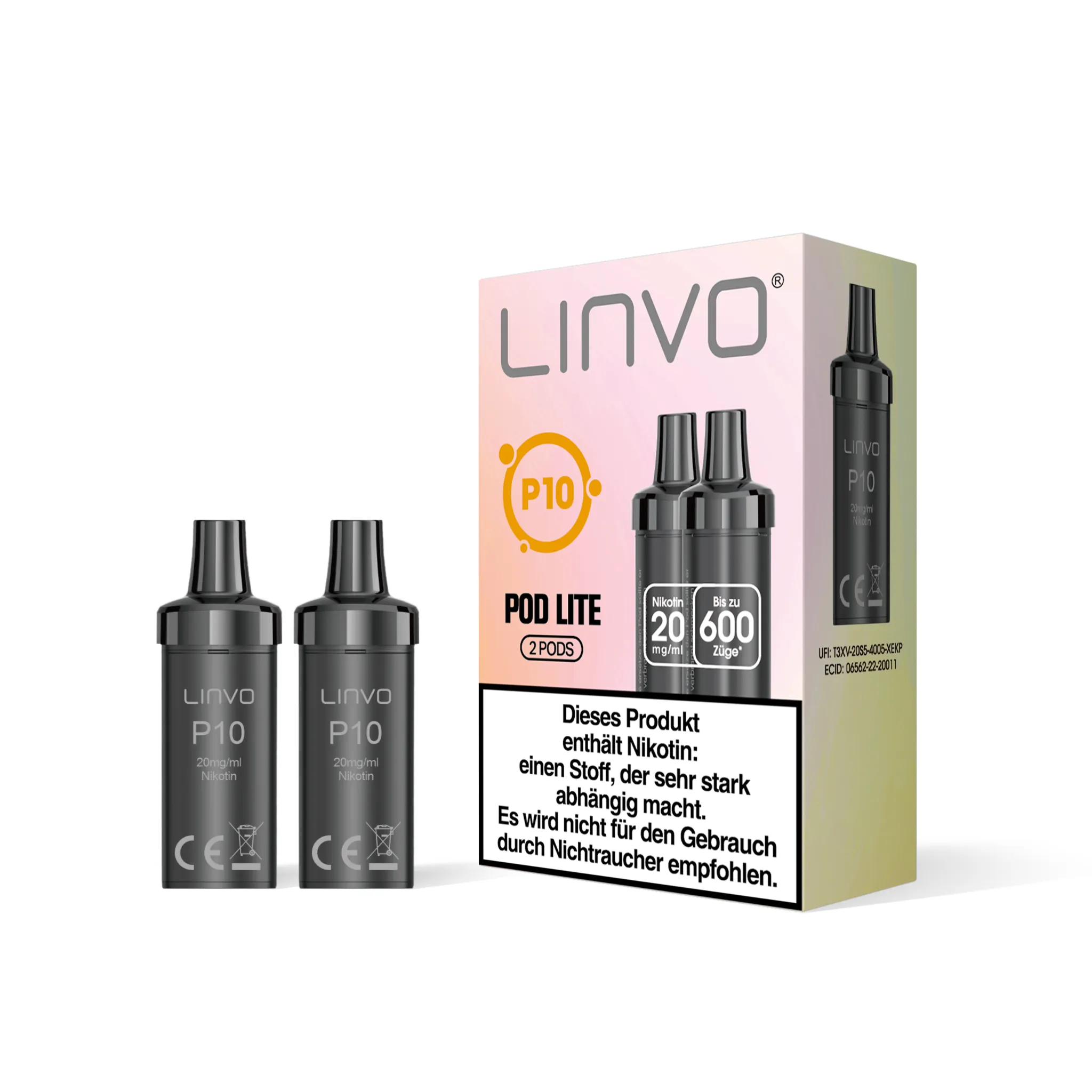 Einzelverpackung der LINVO PodLite Pods mit Mango-Geschmack, enthält 2 Pods mit jeweils 2 ml Füllmenge und etwa 600 Zügen pro Pod, Nikotinstärke 20 mg/ml.