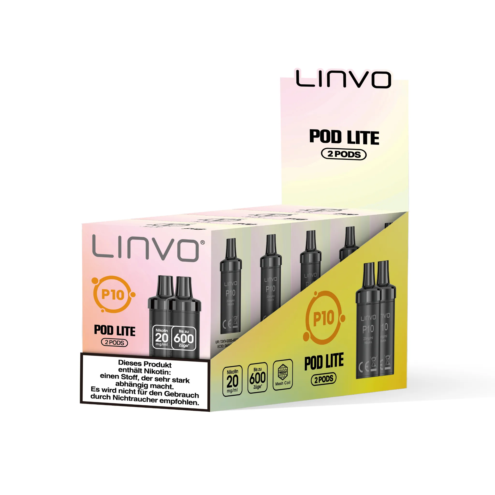 Gebinde mit 5 Einzelverpackungen der LINVO PodLite Pods mit Mango-Geschmack. Jede Einzelverpackung enthält 2 Pods mit jeweils 2 ml Füllmenge und etwa 600 Zügen pro Pod, Nikotinstärke 20 mg/ml.