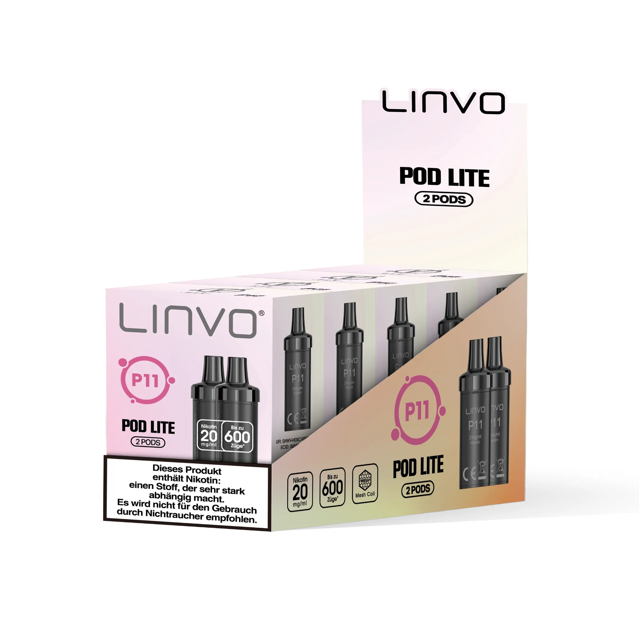 Gebinde mit 5 Einzelverpackungen der LINVO PodLite Pods mit Erdbeer-Eiscreme-Geschmack. Jede Einzelverpackung enthält 2 Pods mit jeweils 2 ml Füllmenge und etwa 600 Zügen pro Pod, Nikotinstärke 20 mg/ml.