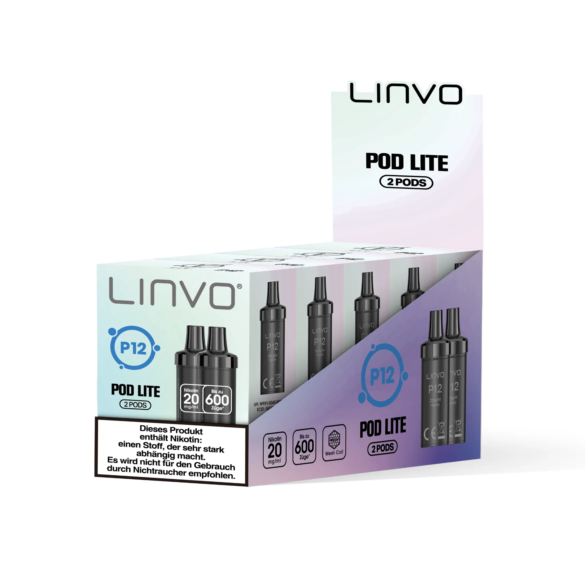 Gebinde mit 5 Einzelverpackungen der LINVO PodLite Pods mit Energy-Drink-Geschmack. Jede Einzelverpackung enthält 2 Pods mit jeweils 2 ml Füllmenge und etwa 600 Zügen pro Pod, Nikotinstärke 20 mg/ml.