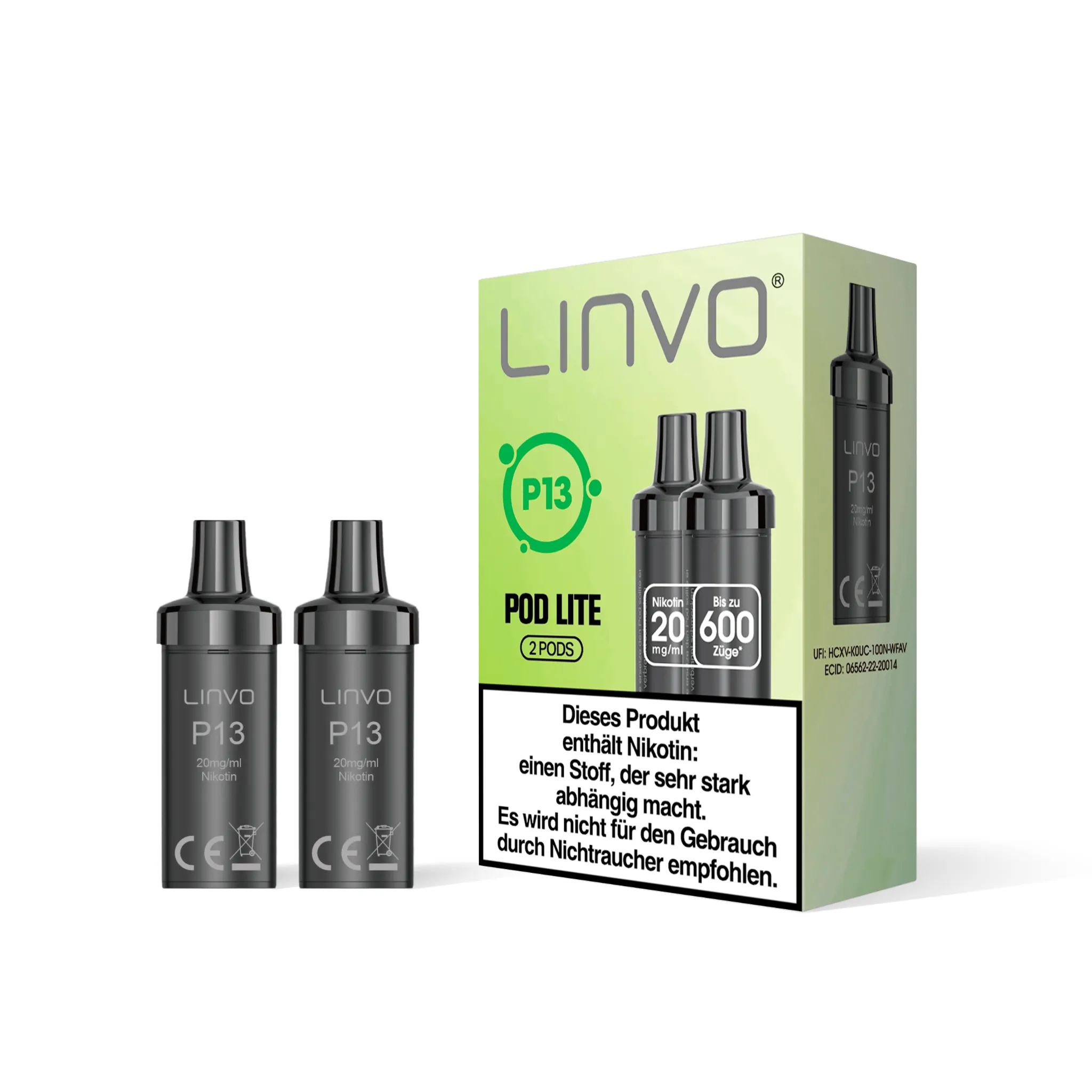 Einzelverpackung der LINVO PodLite Pods mit Apfel-Geschmack, enthält 2 Pods mit jeweils 2 ml Füllmenge und etwa 600 Zügen pro Pod, Nikotinstärke 20 mg/ml.