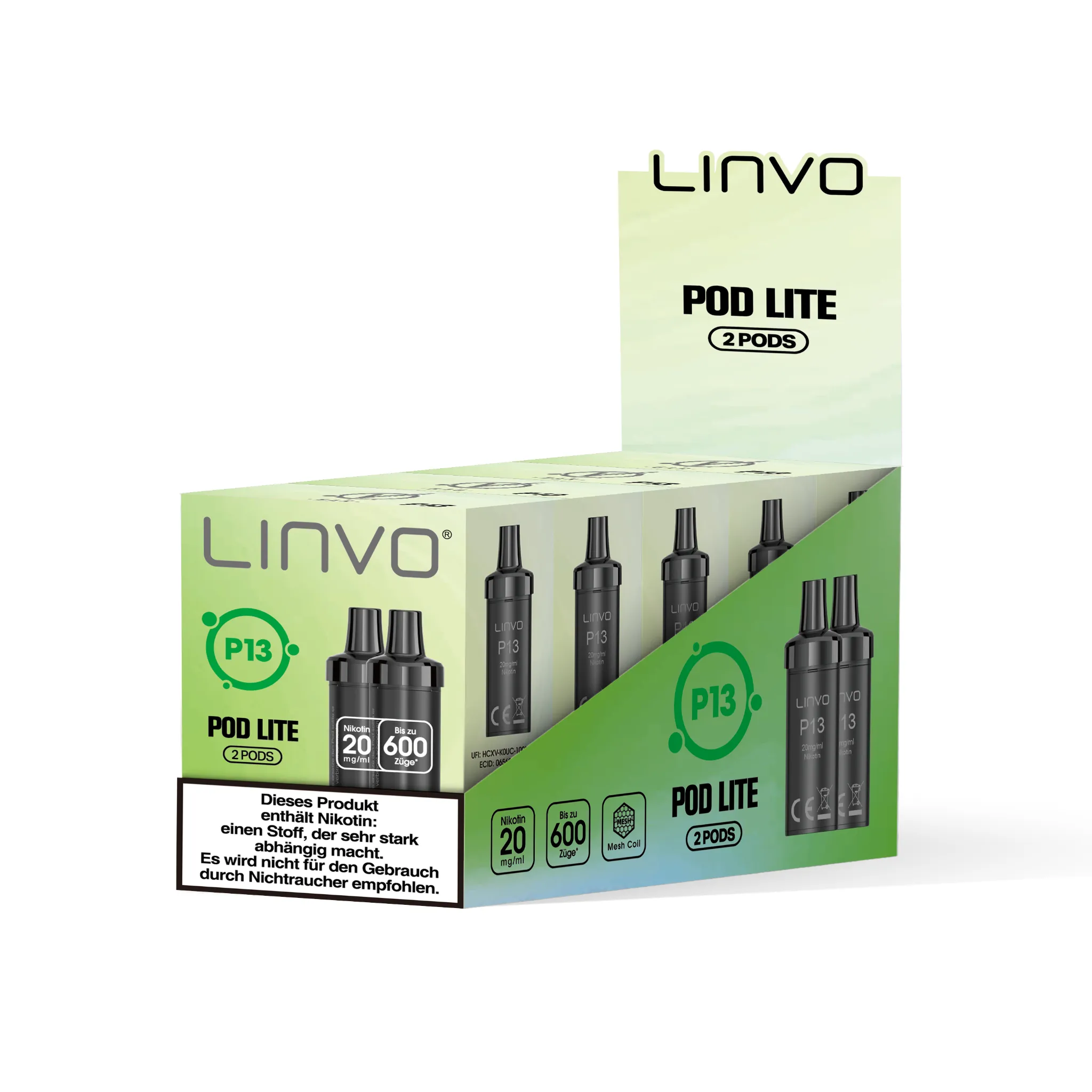 Gebinde mit 5 Einzelverpackungen der LINVO PodLite Pods mit Apfel-Geschmack. Jede Einzelverpackung enthält 2 Pods mit jeweils 2 ml Füllmenge und etwa 600 Zügen pro Pod, Nikotinstärke 20 mg/ml.