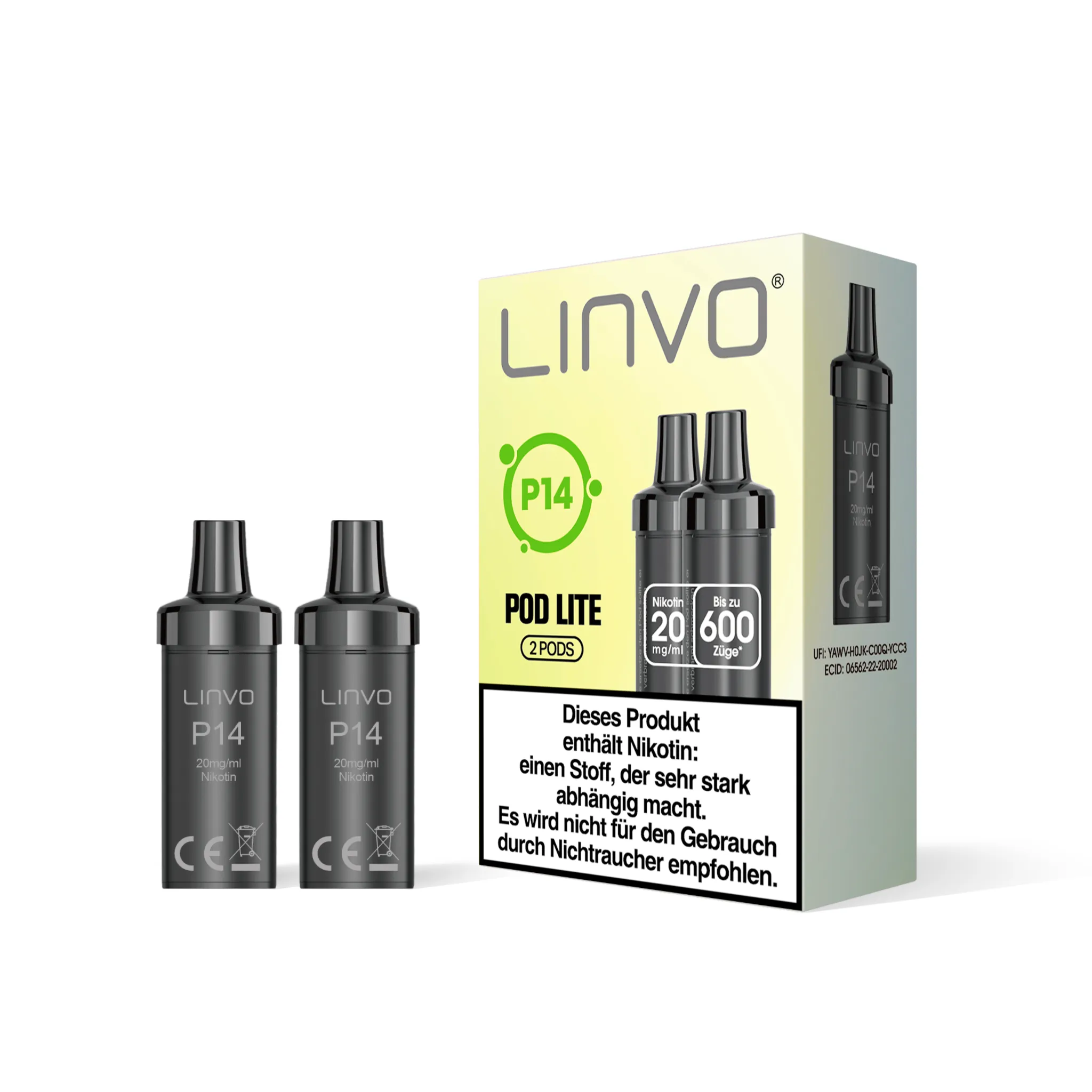 Einzelverpackung der LINVO PodLite Pods mit Melonen-Geschmack, enthält 2 Pods mit jeweils 2 ml Füllmenge und etwa 600 Zügen pro Pod, Nikotinstärke 20 mg/ml.