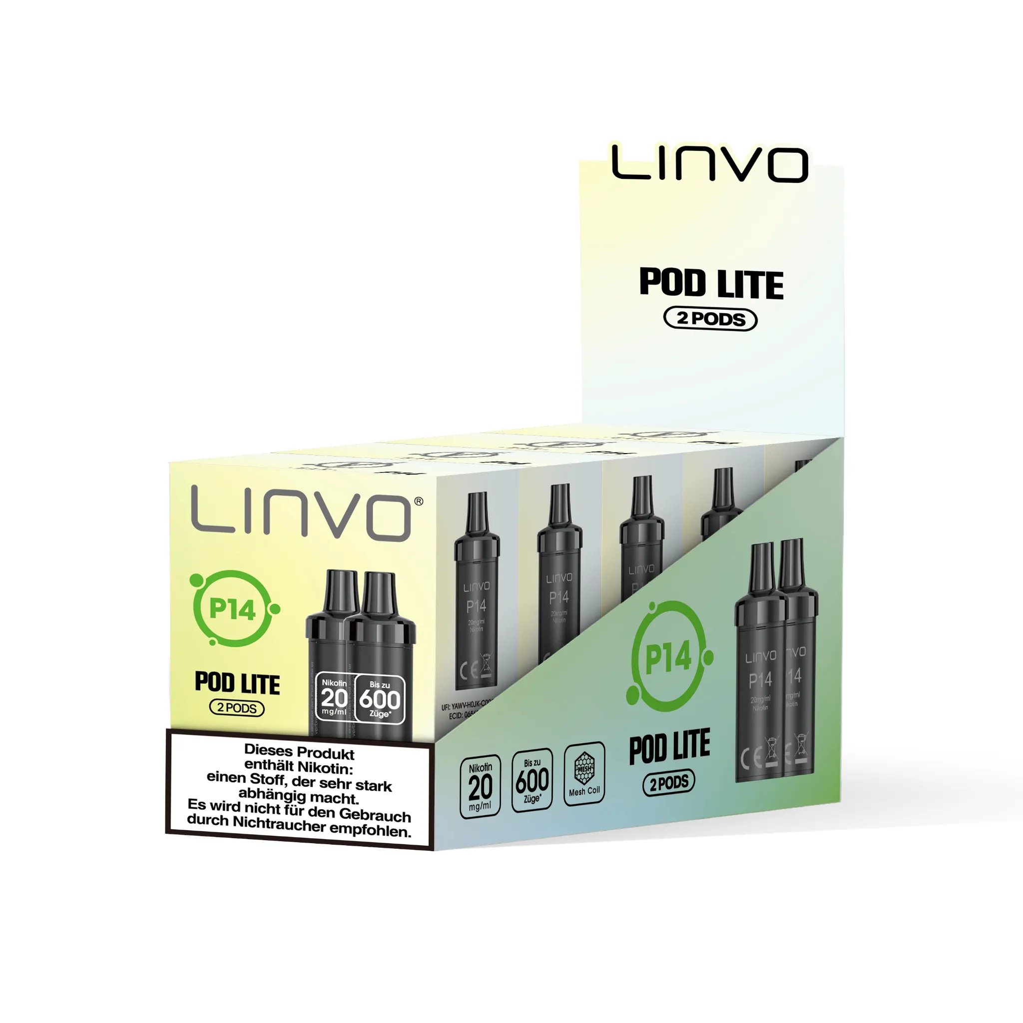 Gebinde mit 5 Einzelverpackungen der LINVO PodLite Pods mit Melonen-Geschmack. Jede Einzelverpackung enthält 2 Pods mit jeweils 2 ml Füllmenge und etwa 600 Zügen pro Pod, Nikotinstärke 20 mg/ml.