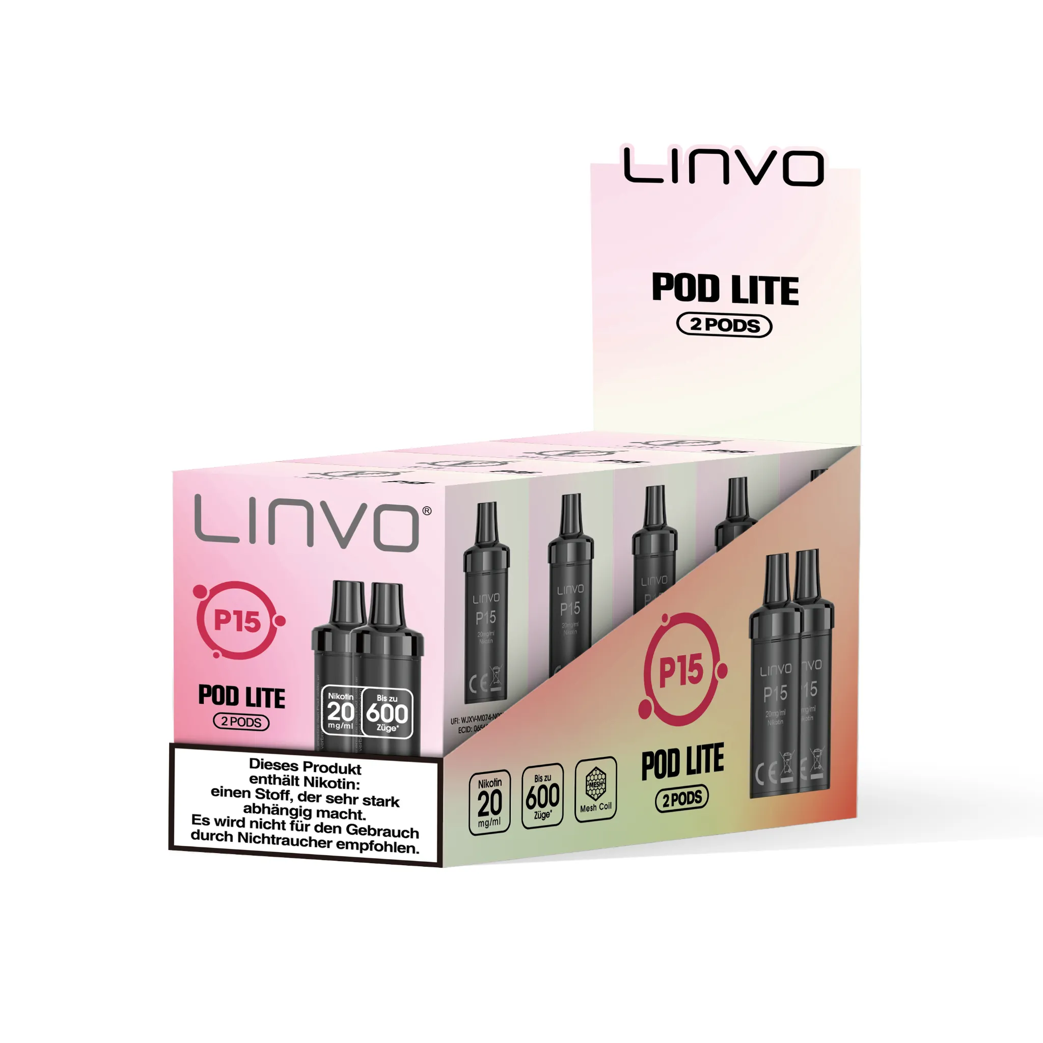 Gebinde mit 5 Einzelverpackungen der LINVO PodLite Pods mit Kirsche-Cola-Geschmack. Jede Einzelverpackung enthält 2 Pods mit jeweils 2 ml Füllmenge und etwa 600 Zügen pro Pod, Nikotinstärke 20 mg/ml.