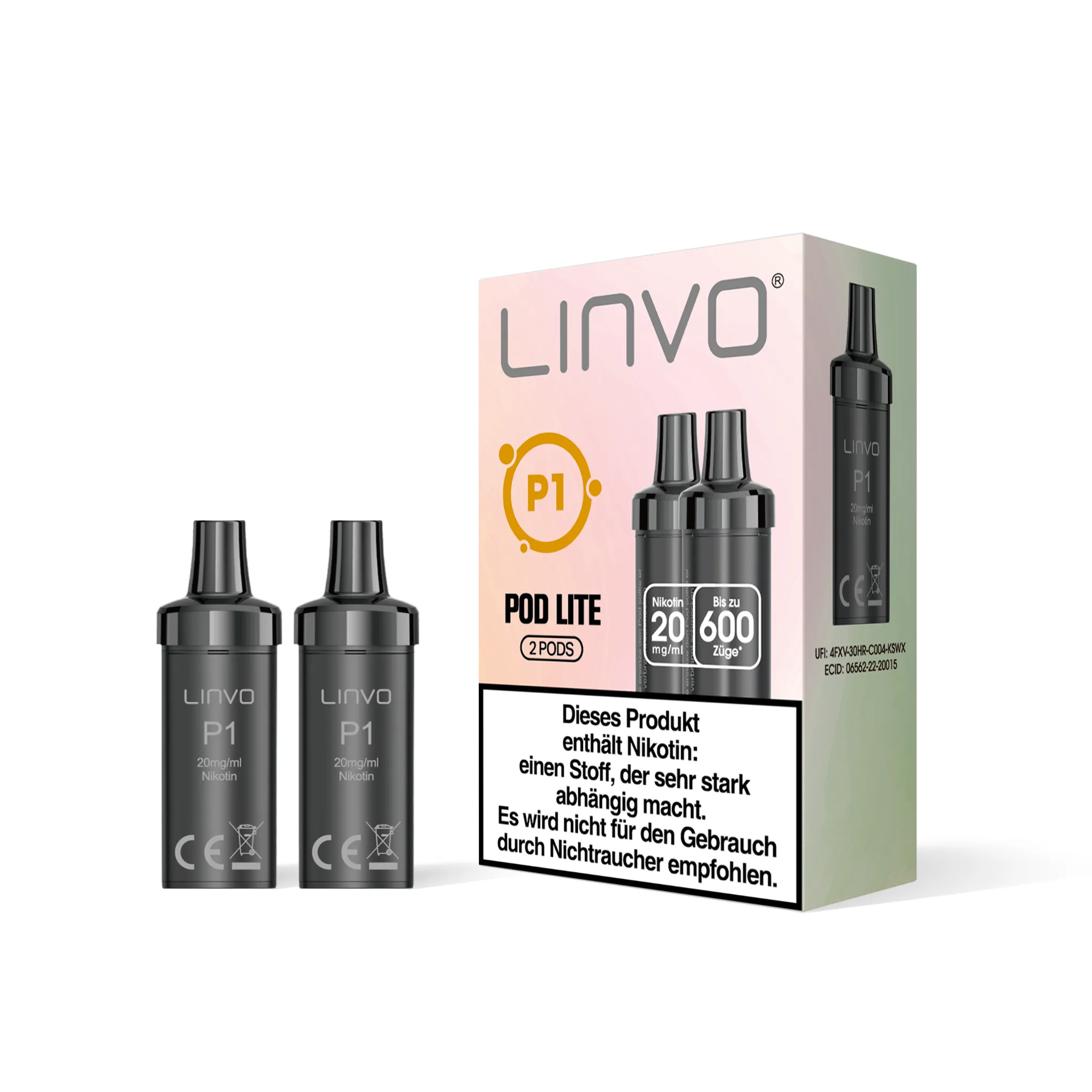 Einzelverpackung der LINVO PodLite Pods mit Pfirsich-Geschmack, enthält 2 Pods mit jeweils 2 ml Füllmenge und etwa 600 Zügen pro Pod, Nikotinstärke 20 mg/ml.