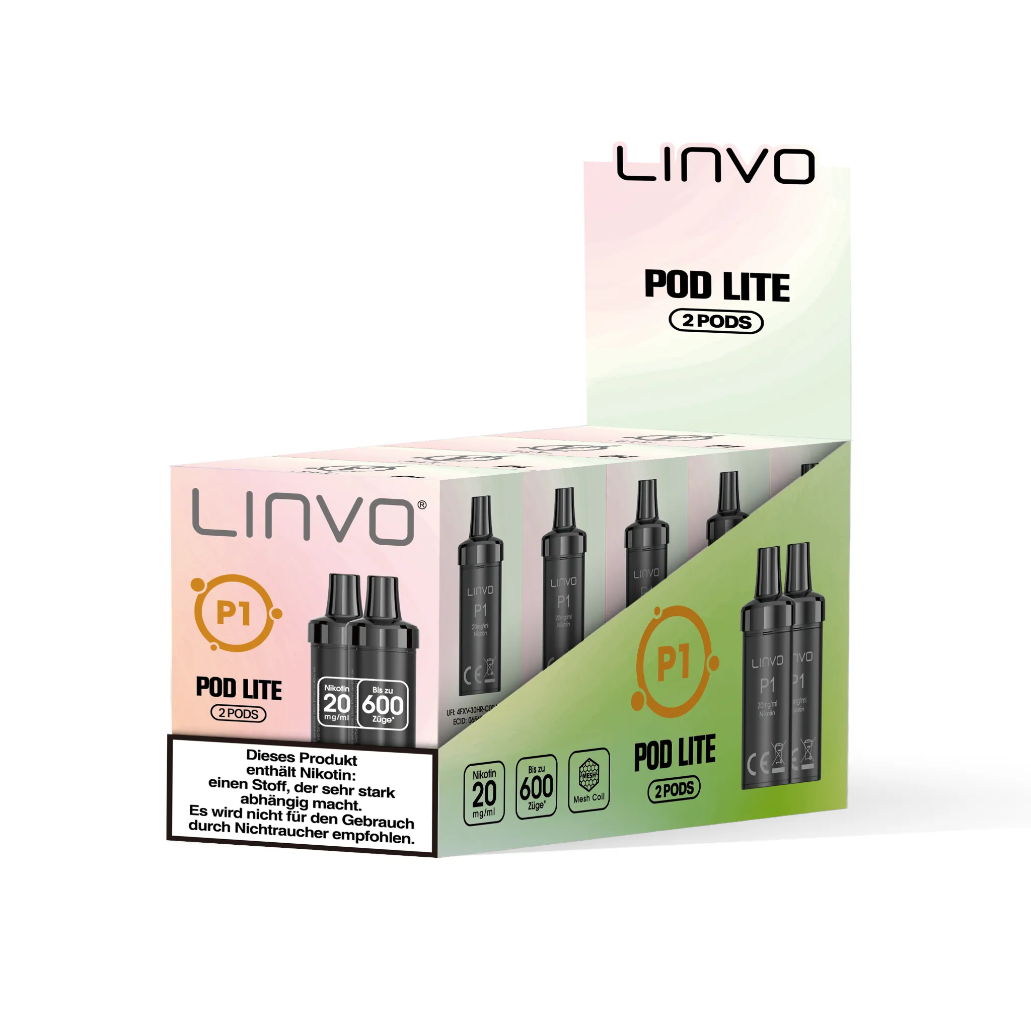 Gebinde mit 5 Einzelverpackungen der LINVO PodLite Pods mit Pfirsich-Geschmack. Jede Einzelverpackung enthält 2 Pods mit jeweils 2 ml Füllmenge und etwa 600 Zügen pro Pod, Nikotinstärke 20 mg/ml.