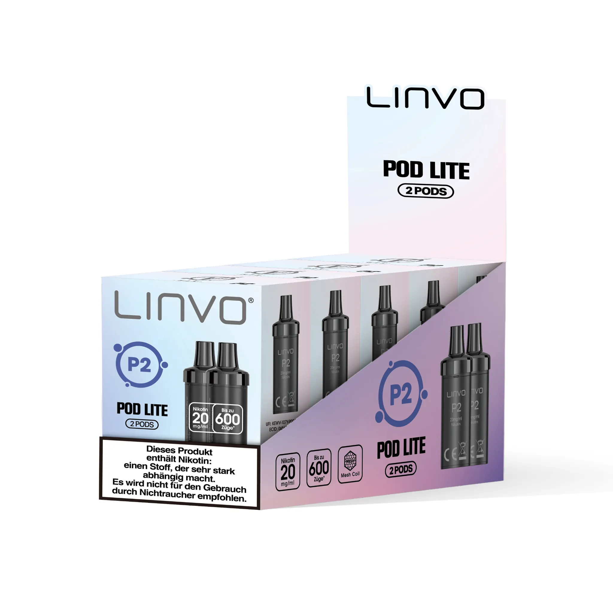 Gebinde mit 5 Einzelverpackungen der LINVO PodLite Pods mit Blaubeere-Minze-Geschmack. Jede Einzelverpackung enthält 2 Pods mit jeweils 2 ml Füllmenge und etwa 600 Zügen pro Pod, Nikotinstärke 20 mg/ml.