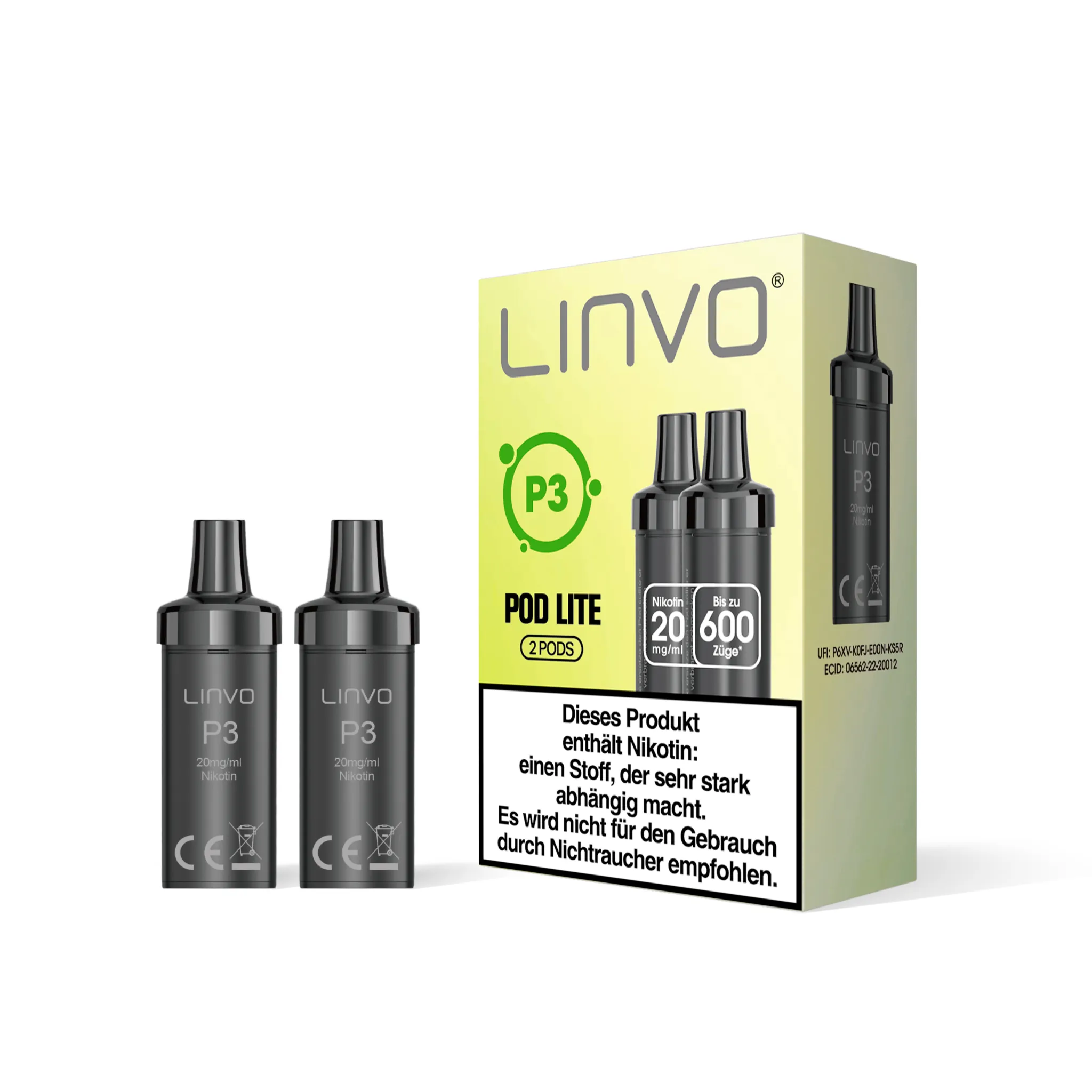 Einzelverpackung der LINVO PodLite Pods mit Kiwi-Limette-Passionsfrucht-Geschmack, enthält 2 Pods mit jeweils 2 ml Füllmenge und etwa 600 Zügen pro Pod, Nikotinstärke 20 mg/ml.