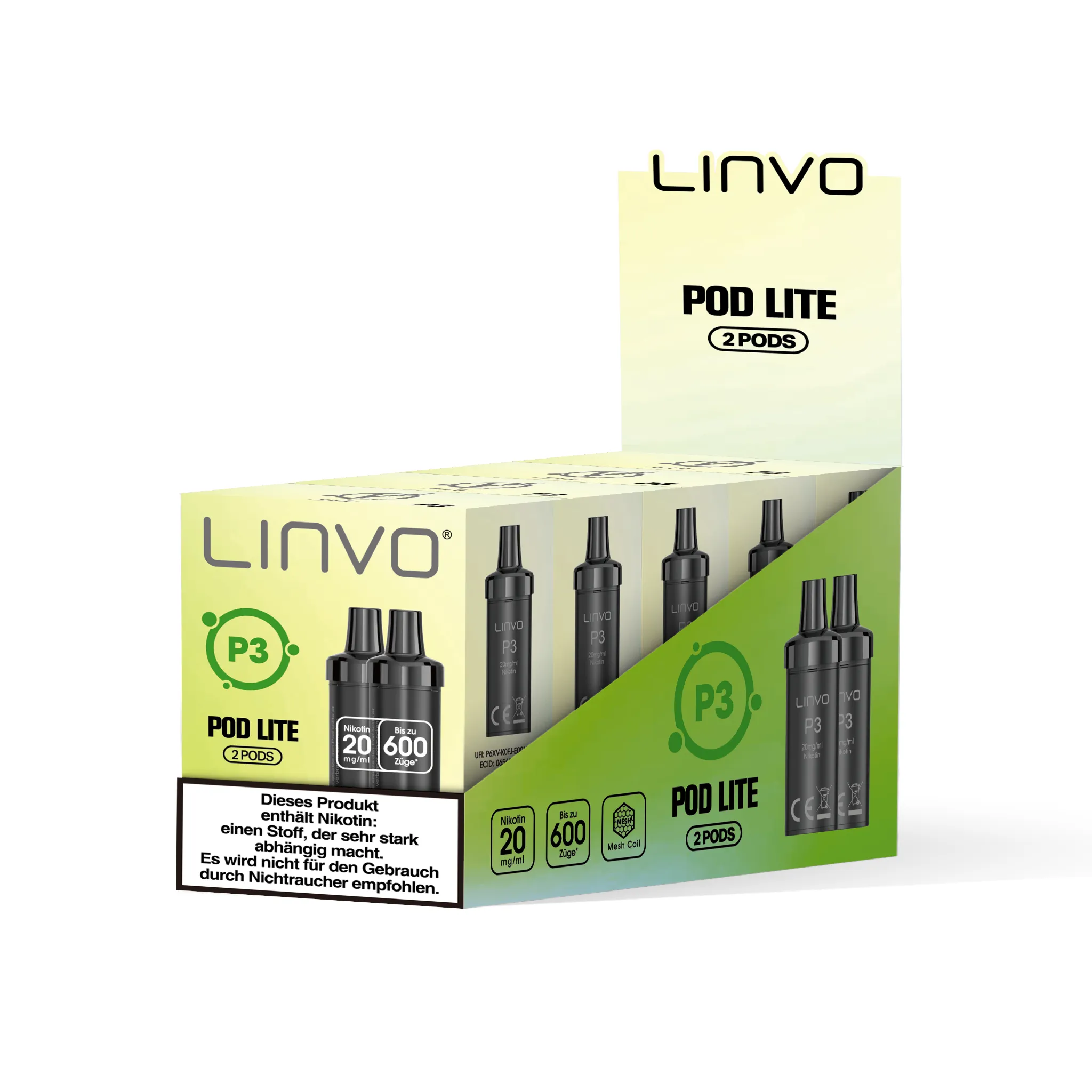 Gebinde mit 5 Einzelverpackungen der LINVO PodLite Pods mit Kiwi-Limette-Passionsfrucht-Geschmack. Jede Einzelverpackung enthält 2 Pods mit jeweils 2 ml Füllmenge und etwa 600 Zügen pro Pod, Nikotinstärke 20 mg/ml.