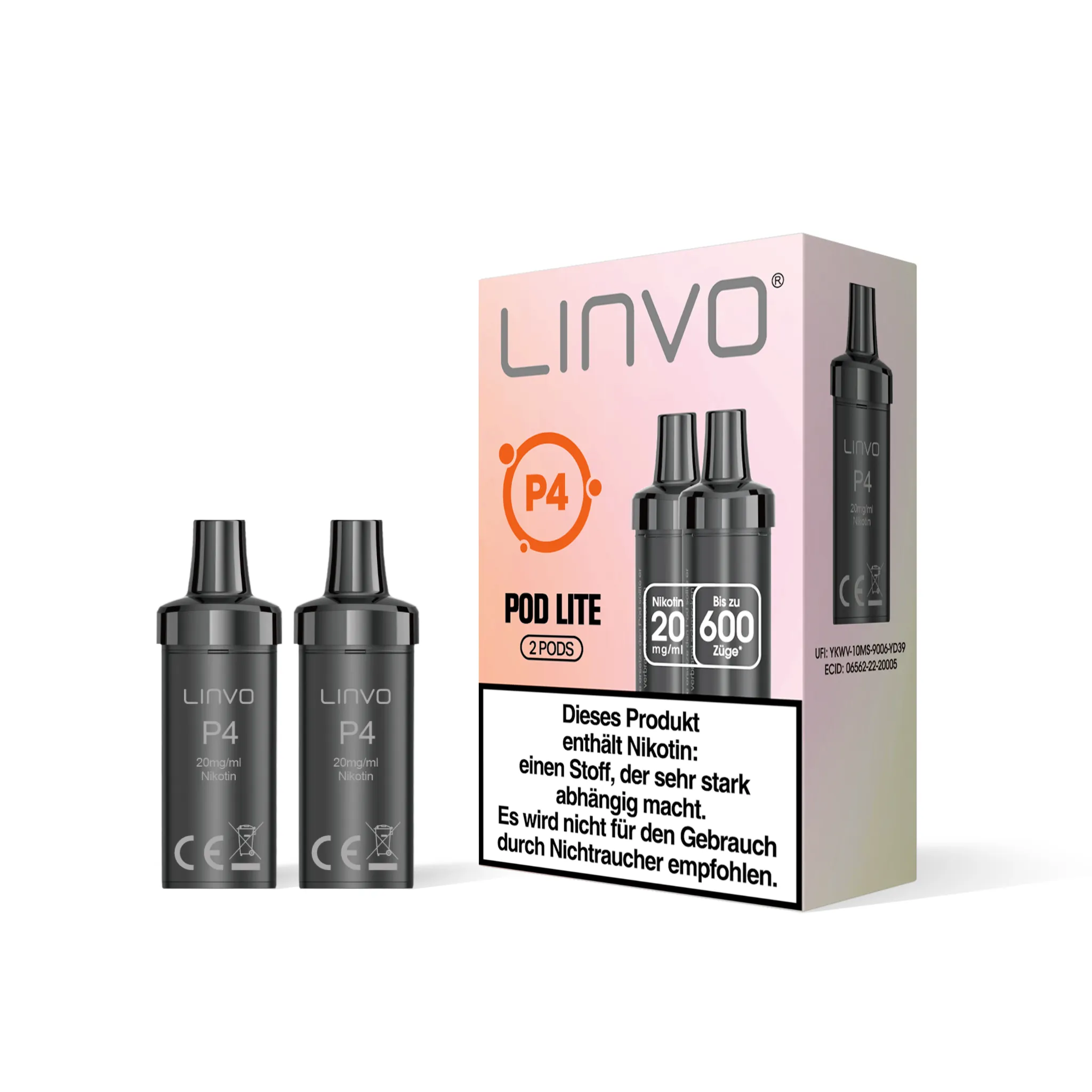 Einzelverpackung der LINVO PodLite Pods mit Erdbeere-Limette-Geschmack, enthält 2 Pods mit jeweils 2 ml Füllmenge und etwa 600 Zügen pro Pod, Nikotinstärke 20 mg/ml.
