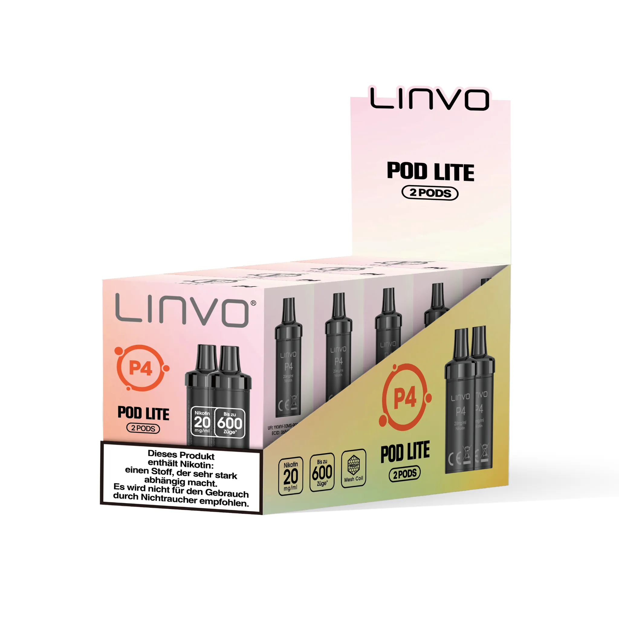 Gebinde mit 5 Einzelverpackungen der LINVO PodLite Pods mit Erdbeere-Limette-Geschmack. Jede Einzelverpackung enthält 2 Pods mit jeweils 2 ml Füllmenge und etwa 600 Zügen pro Pod, Nikotinstärke 20 mg/ml.