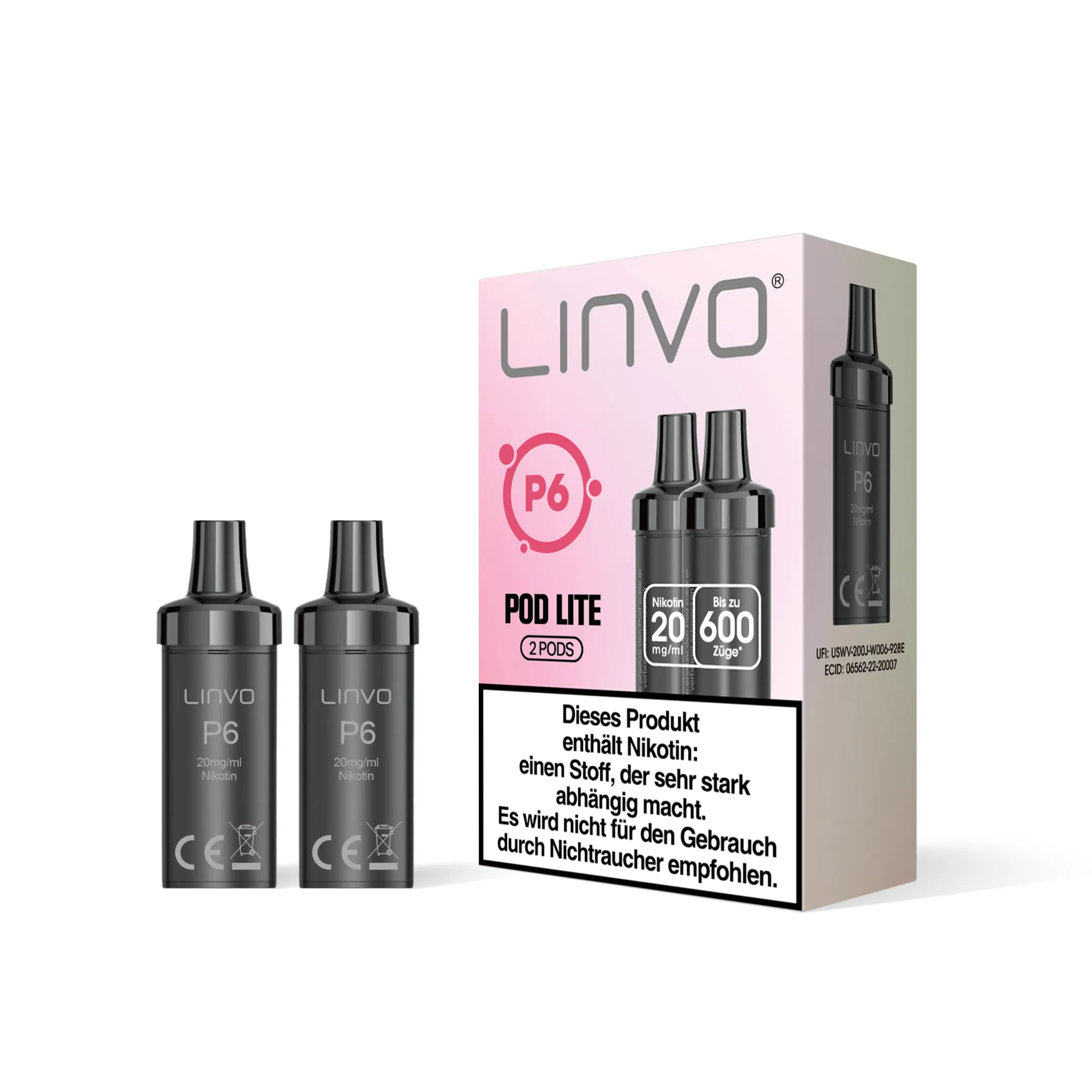Einzelverpackung der LINVO PodLite Pods mit Limonaden-Geschmack, enthält 2 Pods mit jeweils 2 ml Füllmenge und etwa 600 Zügen pro Pod, Nikotinstärke 20 mg/ml.