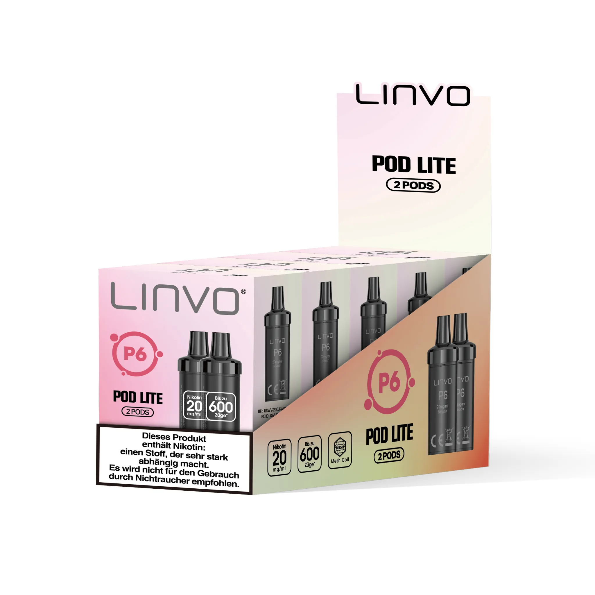 Gebinde mit 5 Einzelverpackungen der LINVO PodLite Pods mit Limonaden-Geschmack. Jede Einzelverpackung enthält 2 Pods mit jeweils 2 ml Füllmenge und etwa 600 Zügen pro Pod, Nikotinstärke 20 mg/ml.