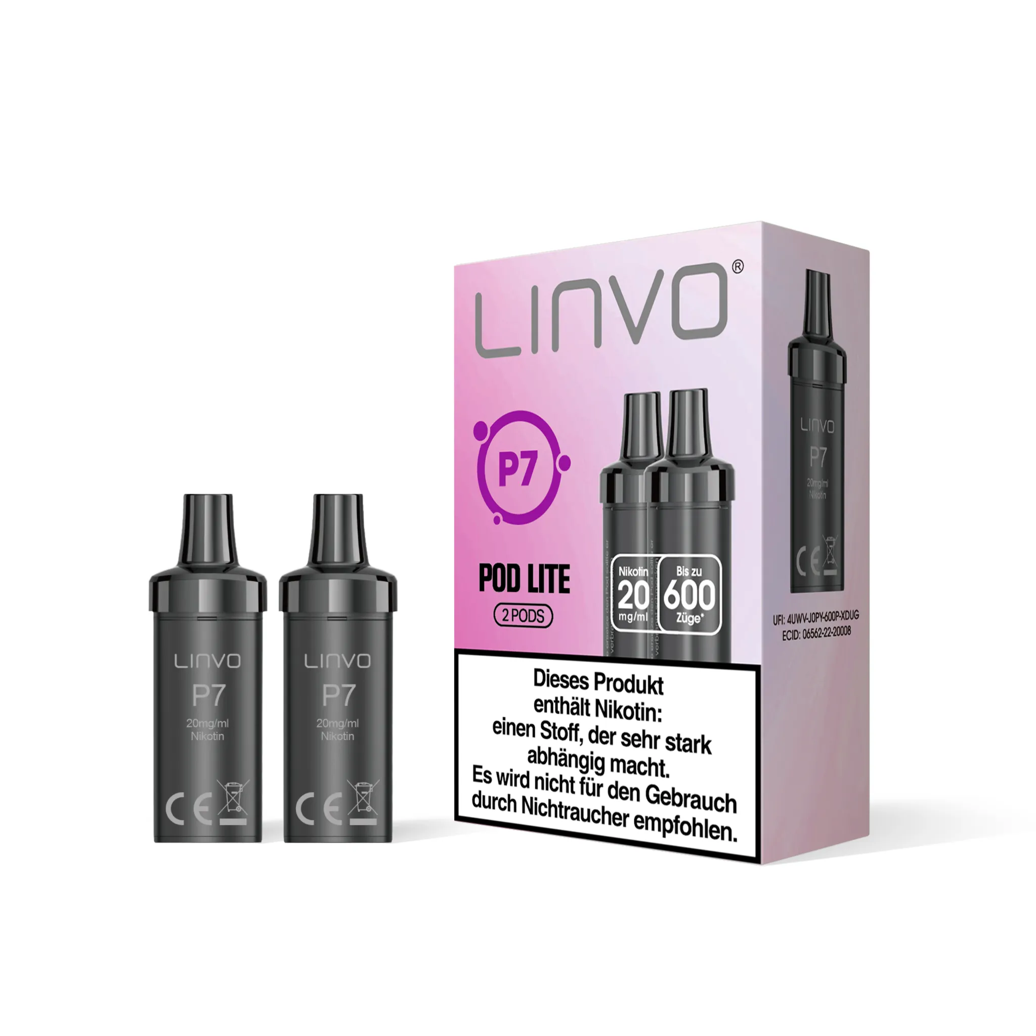 Einzelverpackung der LINVO PodLite Pods mit Himbeere-Grapefruit-Orange-Geschmack, enthält 2 Pods mit jeweils 2 ml Füllmenge und etwa 600 Zügen pro Pod, Nikotinstärke 20 mg/ml.