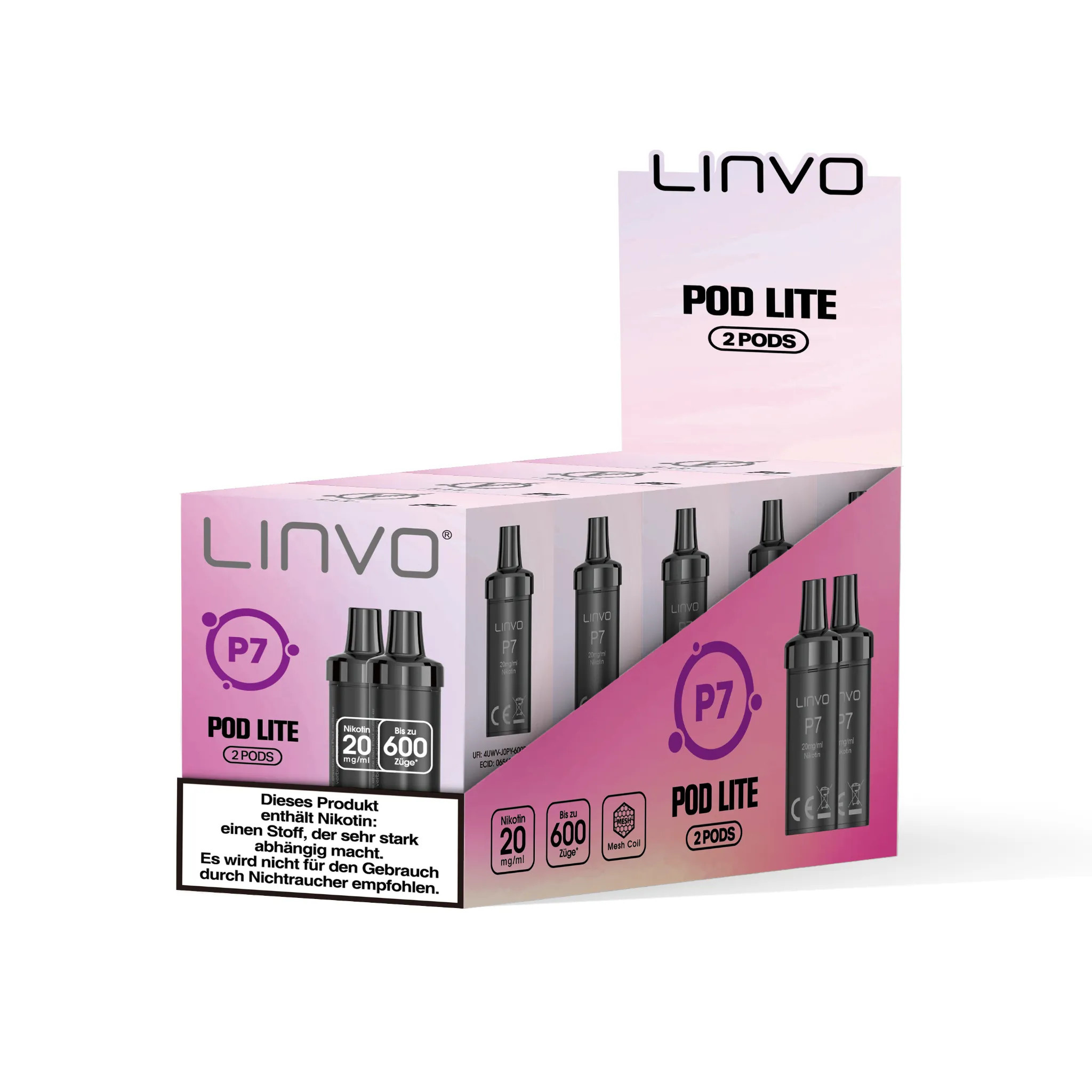 Gebinde mit 5 Einzelverpackungen der LINVO PodLite Pods mit Himbeere-Grapefruit-Orange-Geschmack. Jede Einzelverpackung enthält 2 Pods mit jeweils 2 ml Füllmenge und etwa 600 Zügen pro Pod, Nikotinstärke 20 mg/ml.