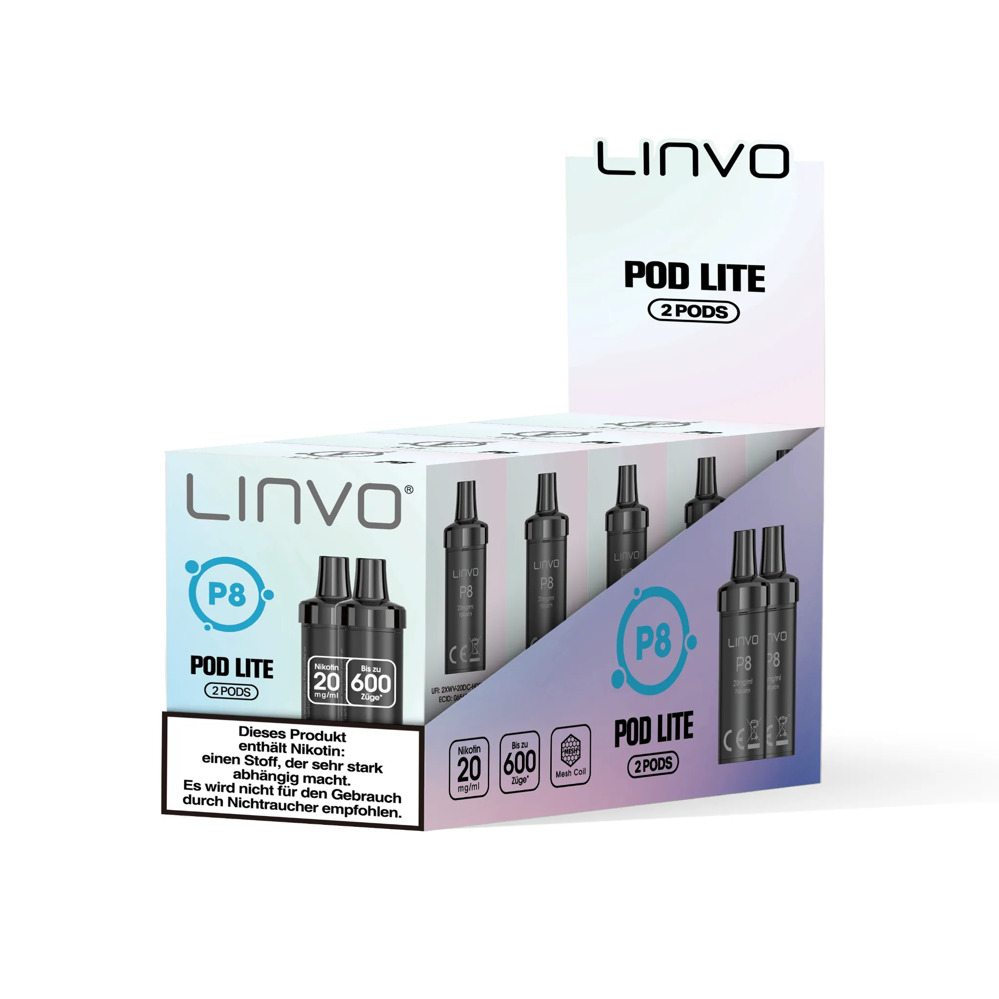 Gebinde mit 5 Einzelverpackungen der LINVO PodLite Pods mit Blaubeere-Himbeere-Geschmack. Jede Einzelverpackung enthält 2 Pods mit jeweils 2 ml Füllmenge und etwa 600 Zügen pro Pod, Nikotinstärke 20 mg/ml.
