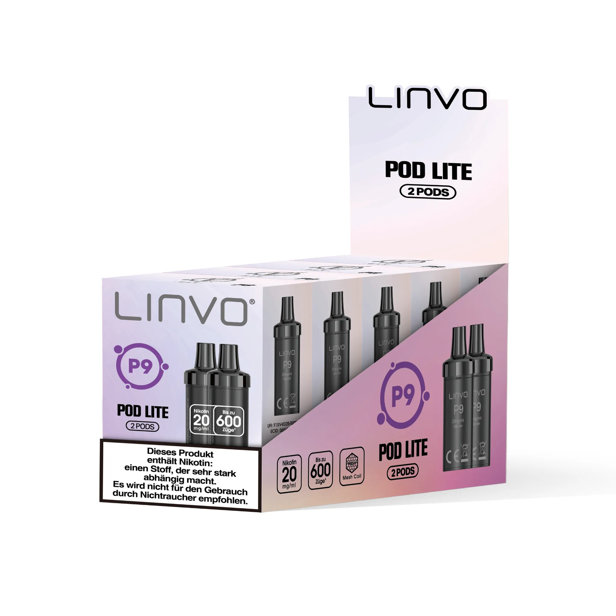Gebinde mit 5 Einzelverpackungen der LINVO PodLite Pods mit Trauben-Geschmack. Jede Einzelverpackung enthält 2 Pods mit jeweils 2 ml Füllmenge und etwa 600 Zügen pro Pod, Nikotinstärke 20 mg/ml.