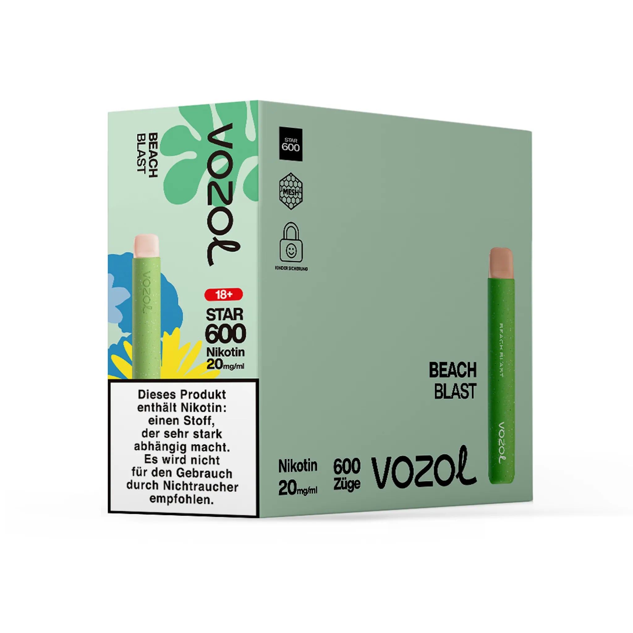 Gebinde des VOZOL STAR600 Beach Blast Einwegmodells, enthält 10 Einzelverpackungen. Jede Einzelverpackung enthält 1 Einweg E-Zigarette mit Zitrone-Himbeere-Melone-Geschmack, 2 ml Füllmenge und etwa 600 Zügen. Nikotinstärke 20 mg/ml.