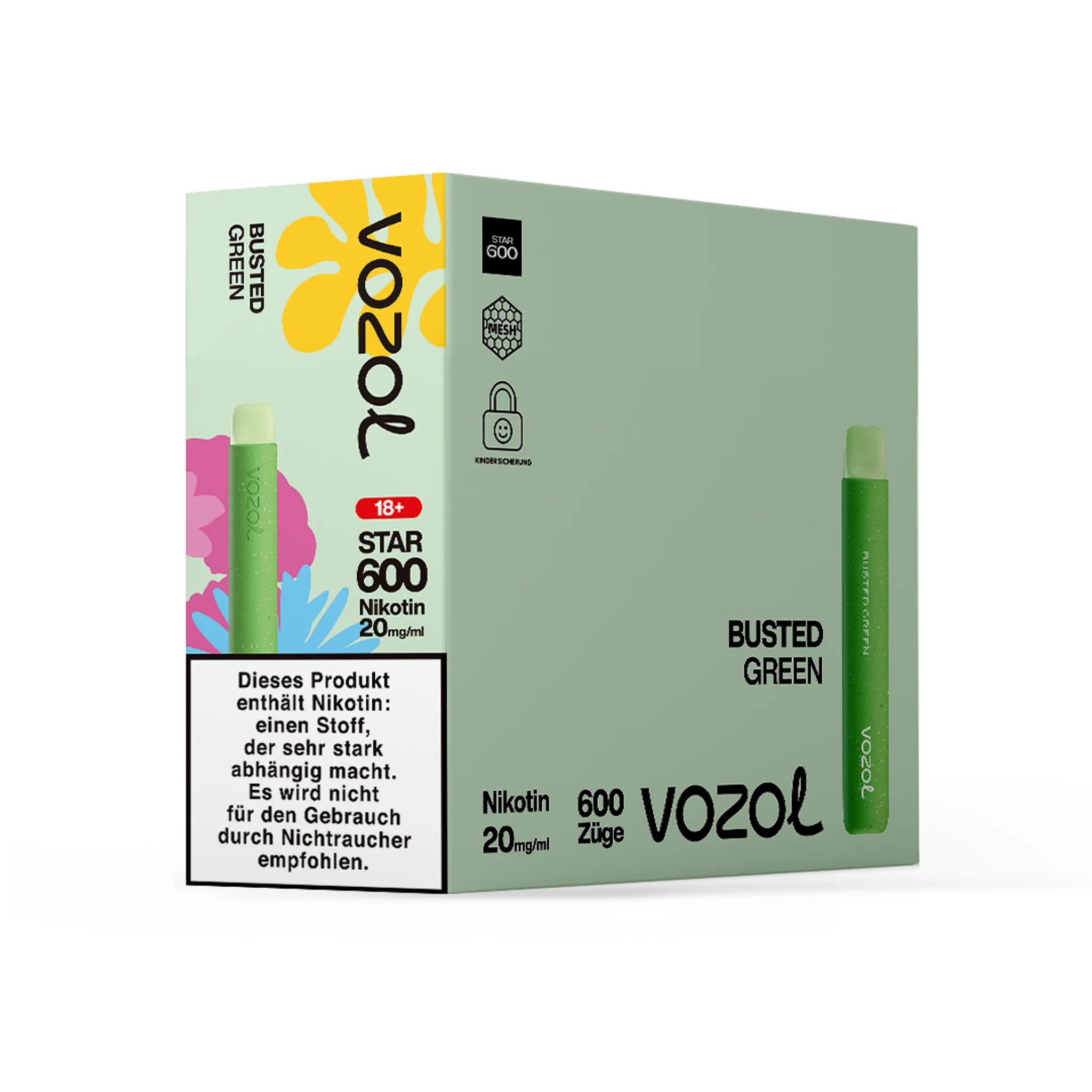 Gebinde des VOZOL STAR600 Busted Green Einwegmodells, enthält 10 Einzelverpackungen. Jede Einzelverpackung enthält 1 Einweg E-Zigarette mit Sauer-Apfel-Geschmack, 2 ml Füllmenge und etwa 600 Zügen. Nikotinstärke 20 mg/ml.