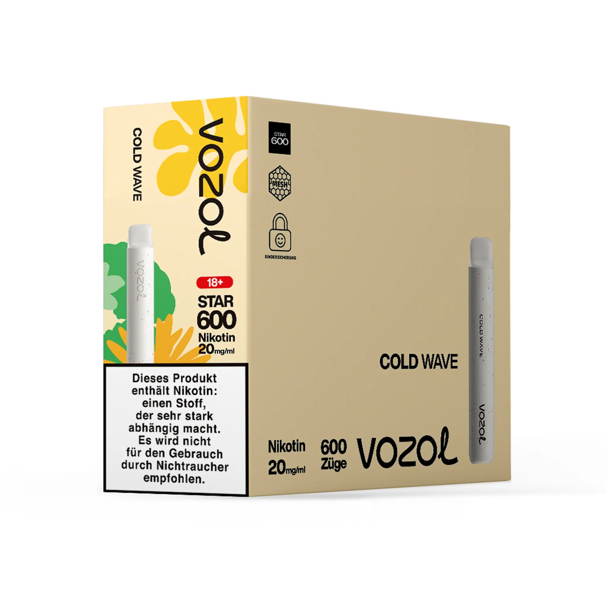 Gebinde des VOZOL STAR600 Cold Wave Einwegmodells, enthält 10 Einzelverpackungen. Jede Einzelverpackung enthält 1 Einweg E-Zigarette mit Menthol-Mojito-Geschmack, 2 ml Füllmenge und etwa 600 Zügen. Nikotinstärke 20 mg/ml.