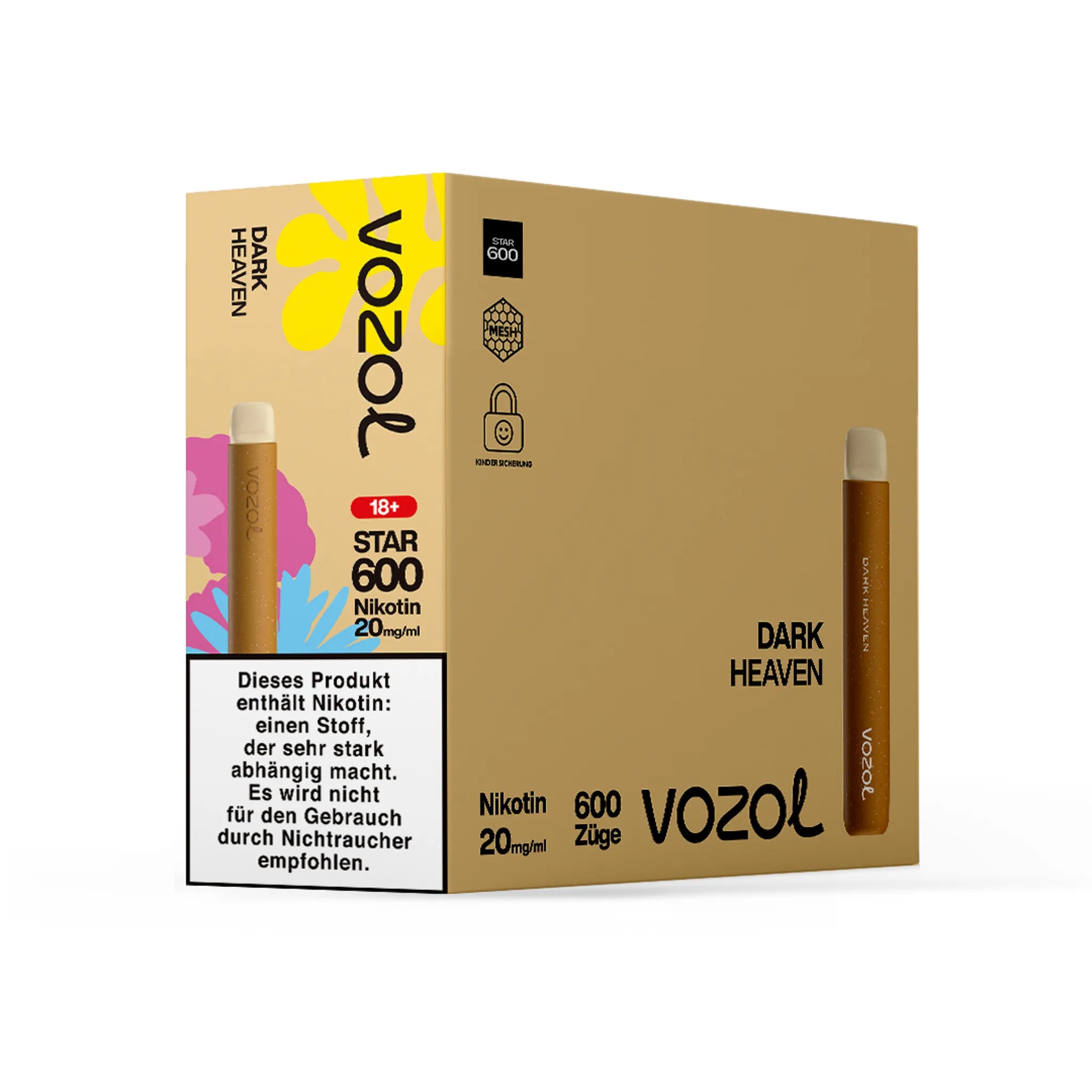 Gebinde des VOZOL STAR600 Dark Heaven Einwegmodells, enthält 10 Einzelverpackungen. Jede Einzelverpackung enthält 1 Einweg E-Zigarette mit Kirsche-Cola-Geschmack, 2 ml Füllmenge und etwa 600 Zügen. Nikotinstärke 20 mg/ml.