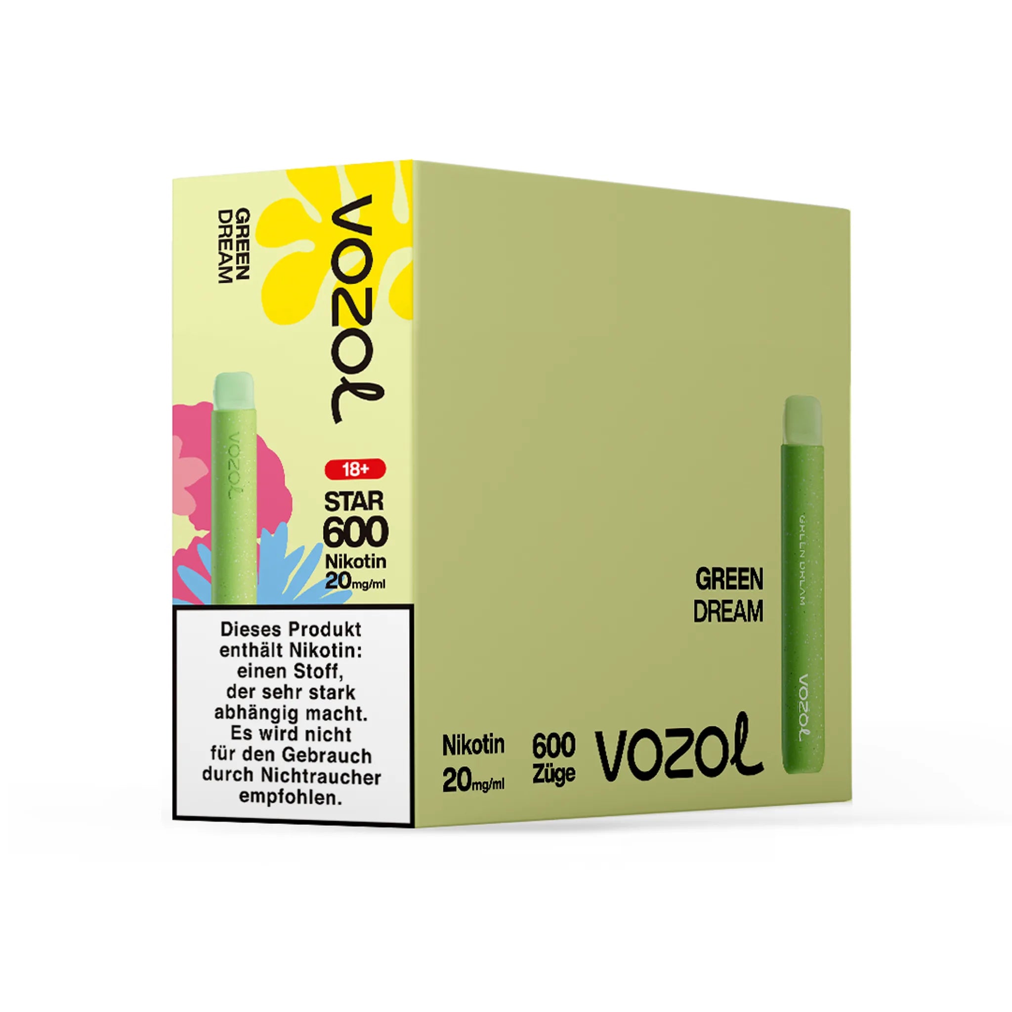 Gebinde des VOZOL STAR600 Green Dream Einwegmodells, enthält 10 Einzelverpackungen. Jede Einzelverpackung enthält 1 Einweg E-Zigarette mit Kiwi-Guave-Passionsfrucht-Geschmack, 2 ml Füllmenge und etwa 600 Zügen. Nikotinstärke 20 mg/ml.