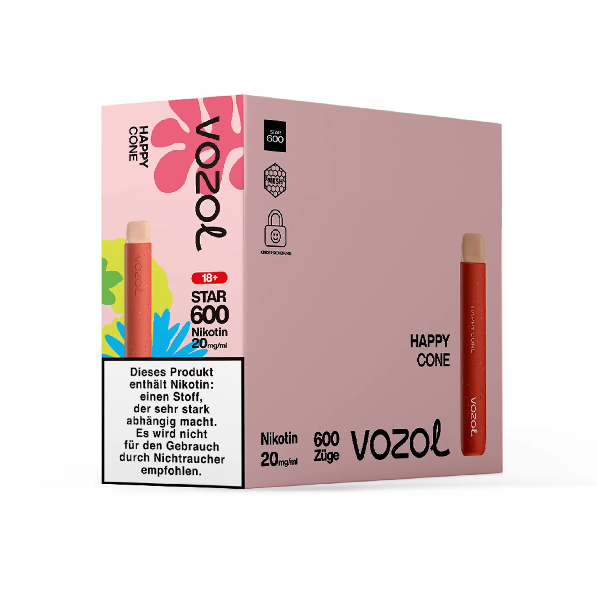 Gebinde des VOZOL STAR600 Happy Cone Einwegmodells, enthält 10 Einzelverpackungen. Jede Einzelverpackung enthält 1 Einweg E-Zigarette mit Erdbeer-Eiscreme-Geschmack, 2 ml Füllmenge und etwa 600 Zügen. Nikotinstärke 20 mg/ml.