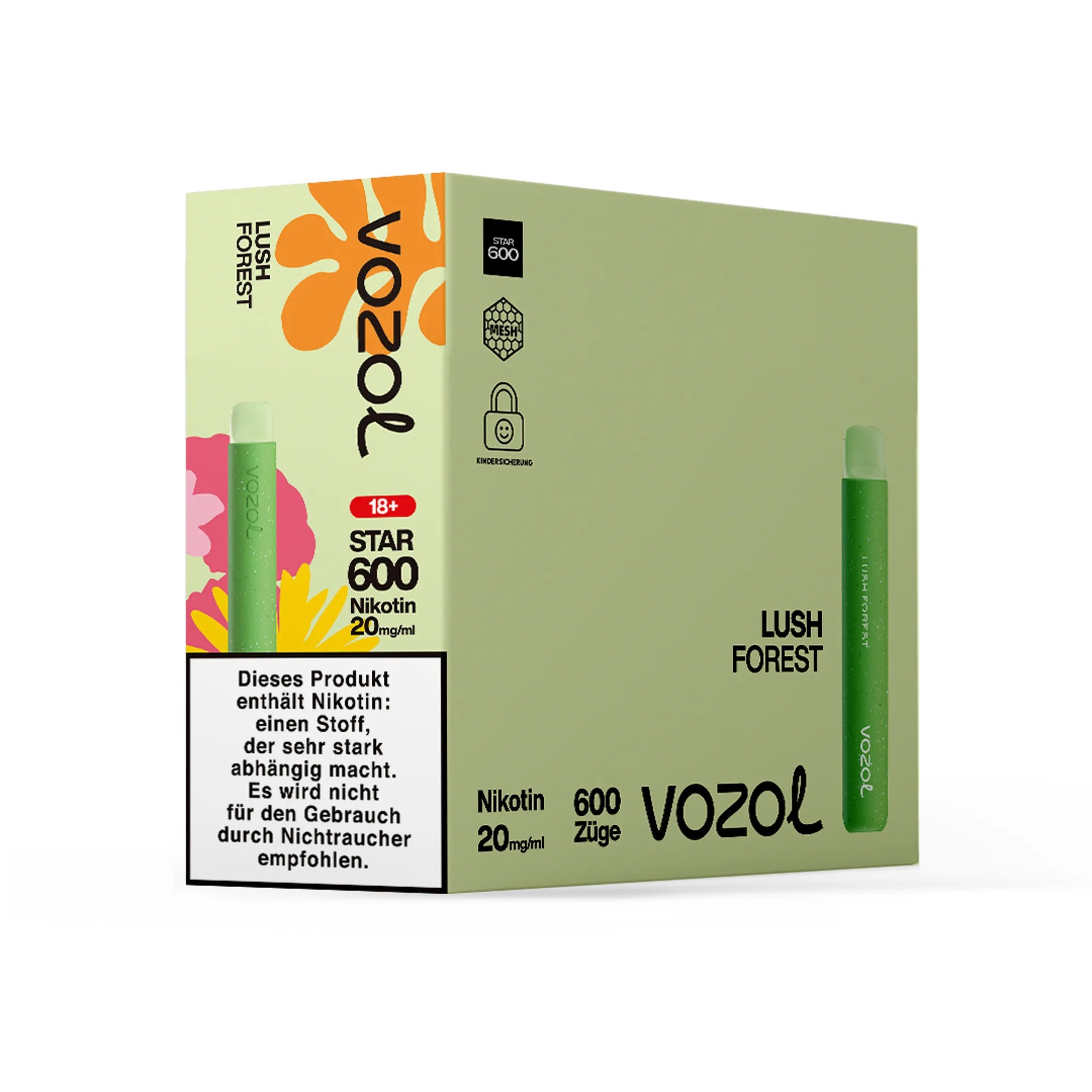 Gebinde des VOZOL STAR600 Lush Forest Einwegmodells, enthält 10 Einzelverpackungen. Jede Einzelverpackung enthält 1 Einweg E-Zigarette mit Waldbeeren-Mix-Geschmack, 2 ml Füllmenge und etwa 600 Zügen. Nikotinstärke 20 mg/ml.