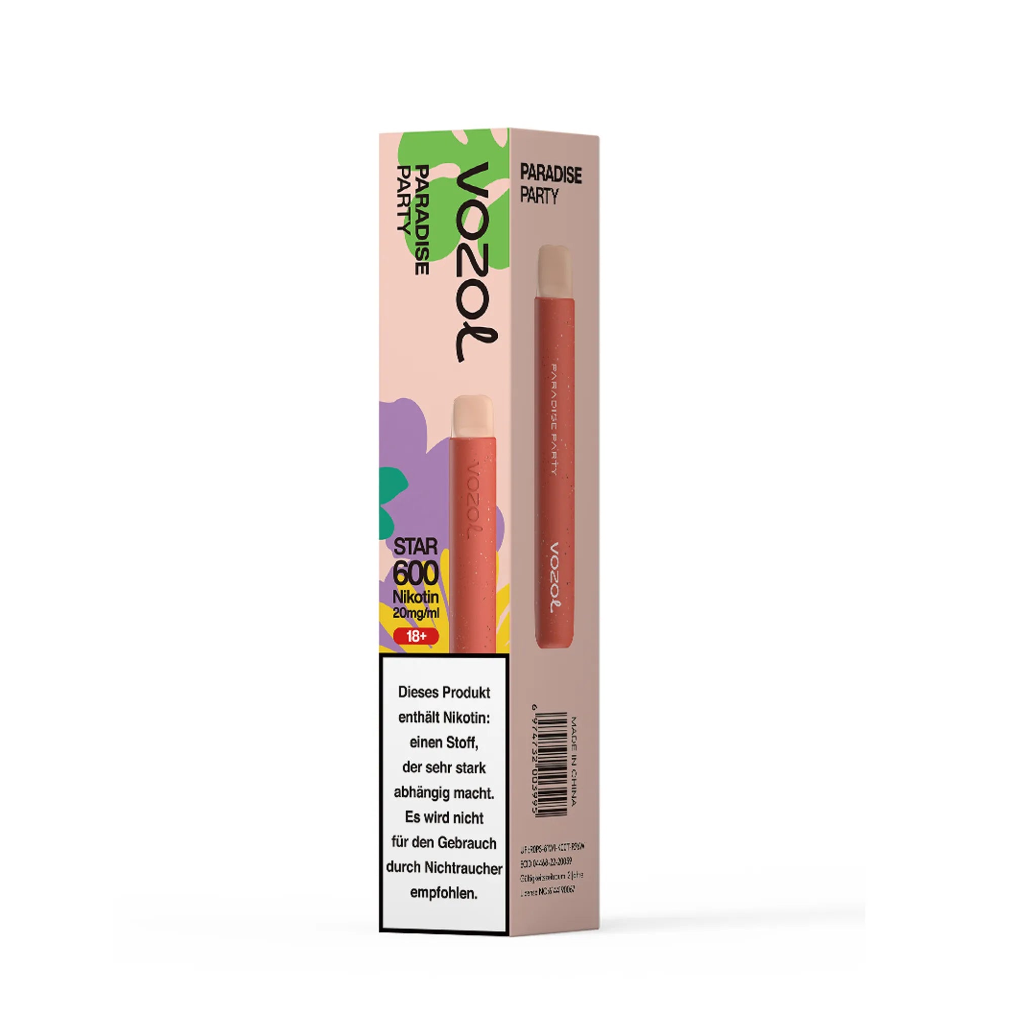 Einzelverpackung der VOZOL STAR600 Paradise Party Einweg E-Zigarette. Enthält 1 Einweg E-Zigarette mit Apfel-Pfirsich-Geschmack, 2 ml Füllmenge und etwa 600 Zügen. Nikotinstärke 20 mg/ml.