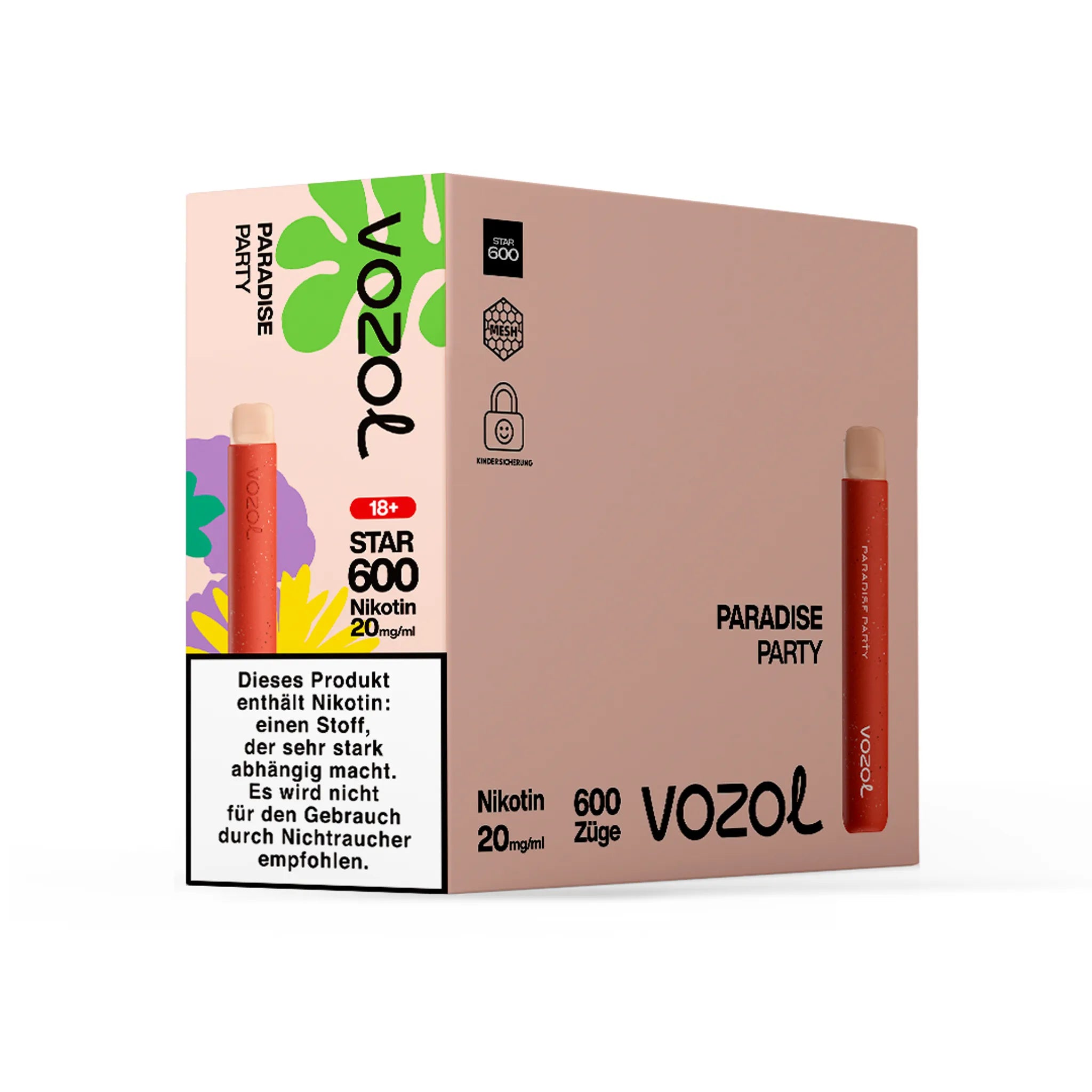 Gebinde des VOZOL STAR600 Paradise Party Einwegmodells, enthält 10 Einzelverpackungen. Jede Einzelverpackung enthält 1 Einweg E-Zigarette mit Apfel-Pfirsich-Geschmack, 2 ml Füllmenge und etwa 600 Zügen. Nikotinstärke 20 mg/ml.
