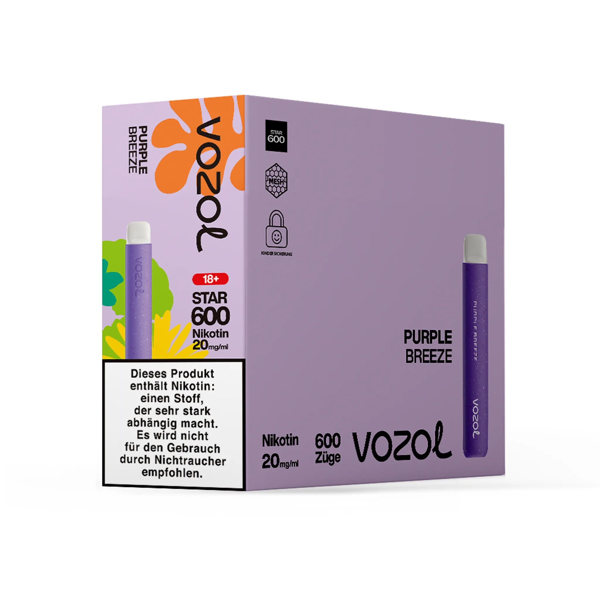 Gebinde des VOZOL STAR600 Purple Breeze Einwegmodells, enthält 10 Einzelverpackungen. Jede Einzelverpackung enthält 1 Einweg E-Zigarette mit Traube-Geschmack, 2 ml Füllmenge und etwa 600 Zügen. Nikotinstärke 20 mg/ml.