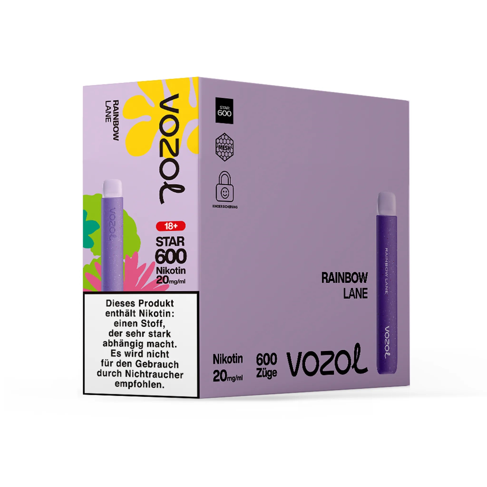 Gebinde des VOZOL STAR600 Rainbow Lane Einwegmodells, enthält 10 Einzelverpackungen. Jede Einzelverpackung enthält 1 Einweg E-Zigarette mit Erdbeere-Himbeere-Kirsche-Geschmack, 2 ml Füllmenge und etwa 600 Zügen. Nikotinstärke 20 mg/ml.
