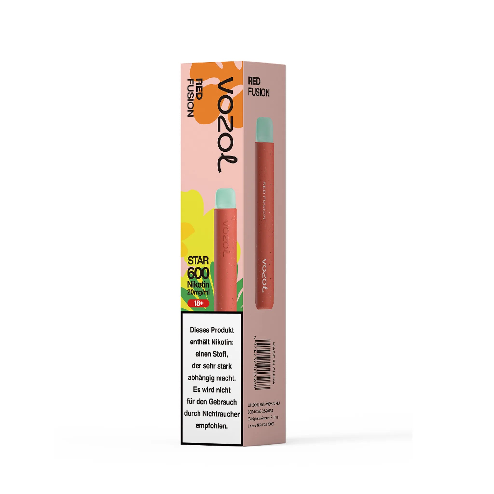 Einzelverpackung der VOZOL STAR600 Red Fusion Einweg E-Zigarette. Enthält 1 Einweg E-Zigarette mit Erdbeere-Apfel-Geschmack, 2 ml Füllmenge und etwa 600 Zügen. Nikotinstärke 20 mg/ml.