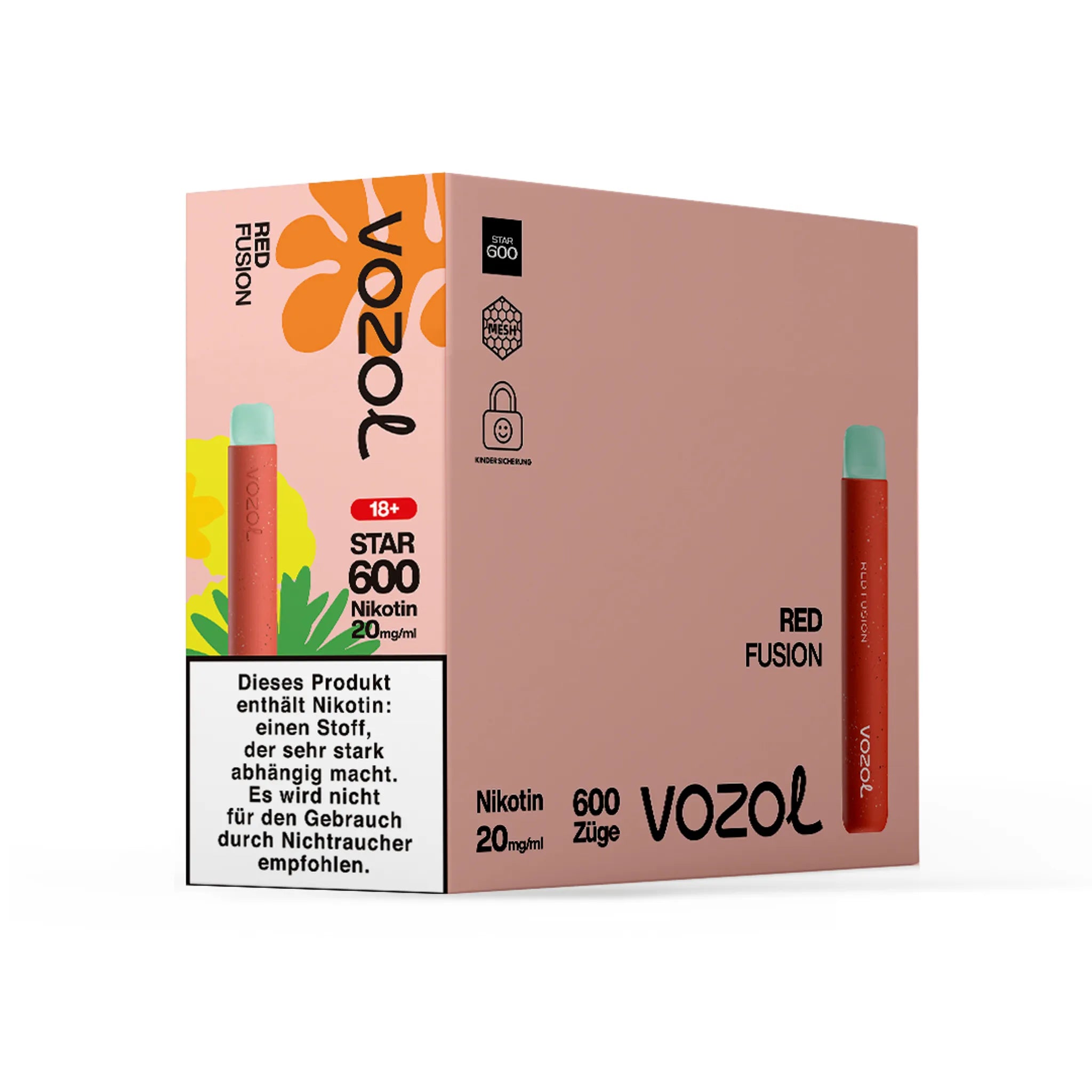 Gebinde des VOZOL STAR600 Red Fusion Einwegmodells, enthält 10 Einzelverpackungen. Jede Einzelverpackung enthält 1 Einweg E-Zigarette mit Erdbeere-Apfel-Geschmack, 2 ml Füllmenge und etwa 600 Zügen. Nikotinstärke 20 mg/ml.