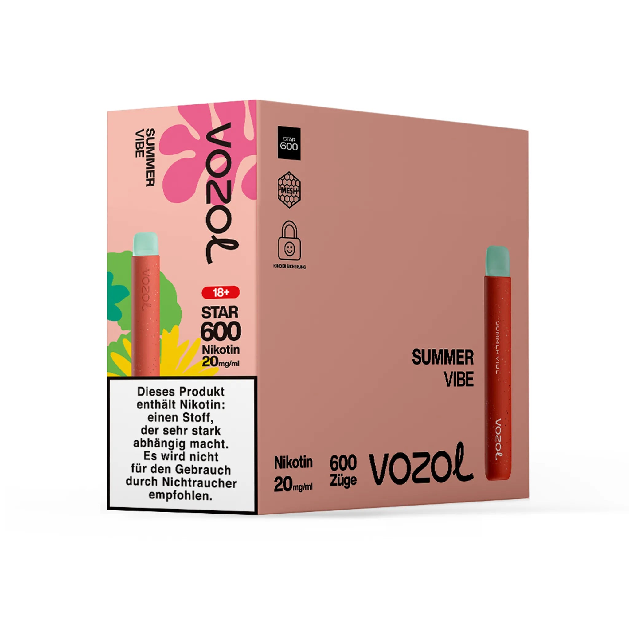 Gebinde des VOZOL STAR600 Summer Vibe Einwegmodells, enthält 10 Einzelverpackungen. Jede Einzelverpackung enthält 1 Einweg E-Zigarette mit Lyche-Guave-Melone-Geschmack, 2 ml Füllmenge und etwa 600 Zügen. Nikotinstärke 20 mg/ml.