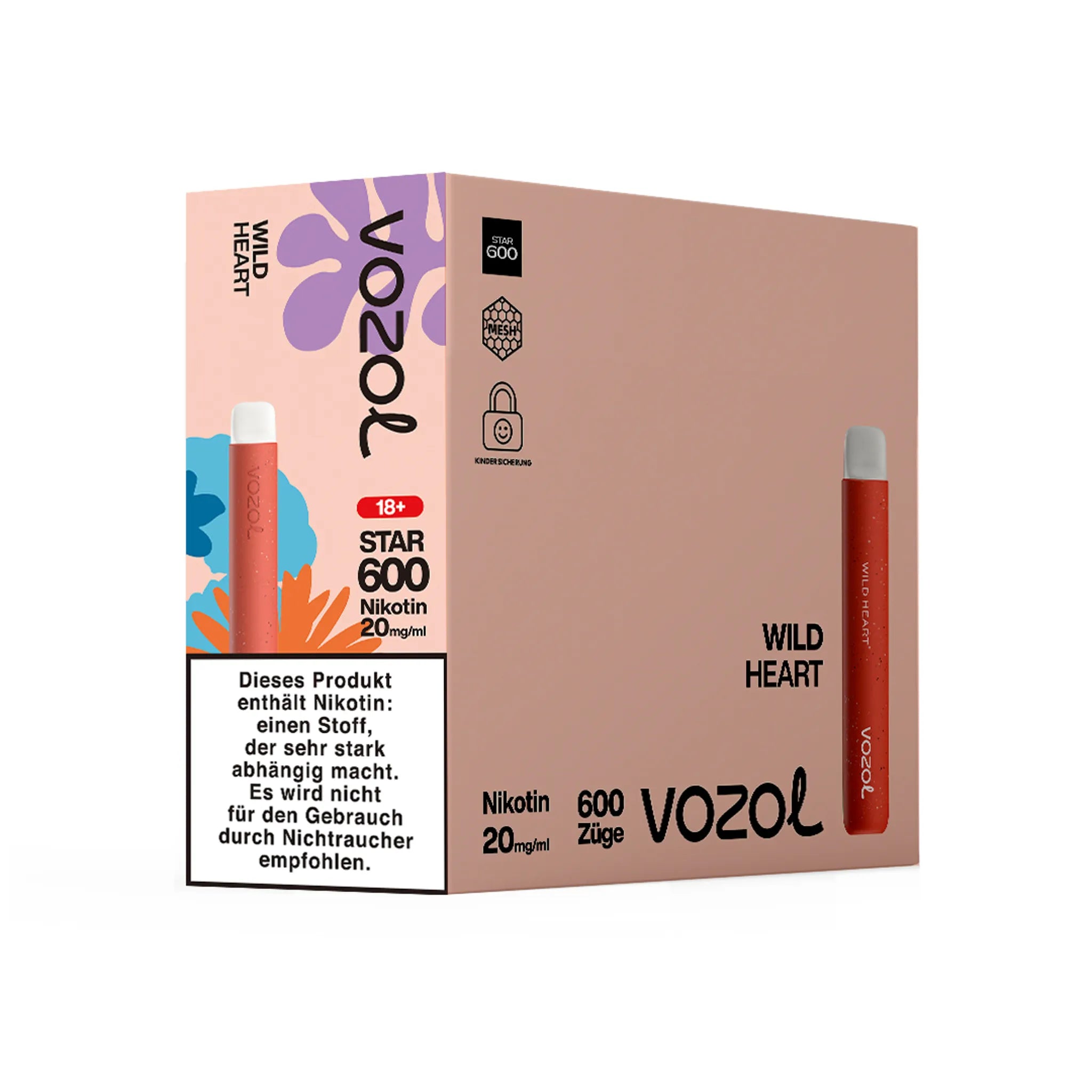 Gebinde des VOZOL STAR600 Wild Heart Einwegmodells, enthält 10 Einzelverpackungen. Jede Einzelverpackung enthält 1 Einweg E-Zigarette mit Wassermelone-Erdbeere-Kokos Geschmack, 2 ml Füllmenge und etwa 600 Zügen. Nikotinstärke 20 mg/ml.