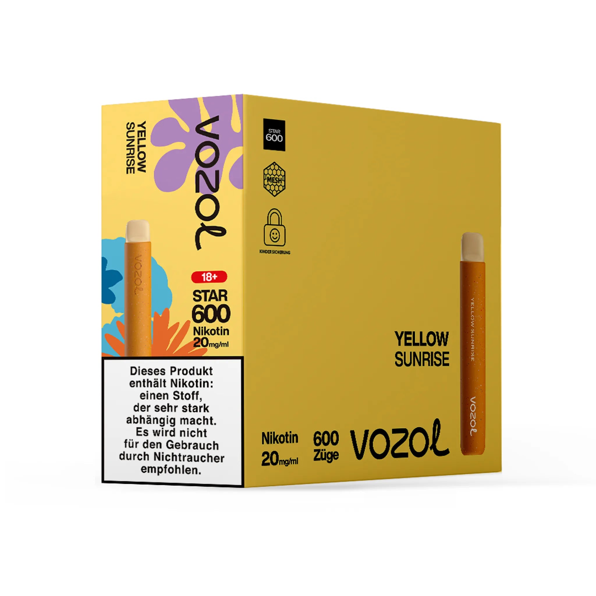 Gebinde des VOZOL STAR600 Yellow Sunrise Einwegmodells, enthält 10 Einzelverpackungen. Jede Einzelverpackung enthält 1 Einweg E-Zigarette mit Mango-Geschmack, 2 ml Füllmenge und etwa 600 Zügen. Nikotinstärke 20 mg/ml.